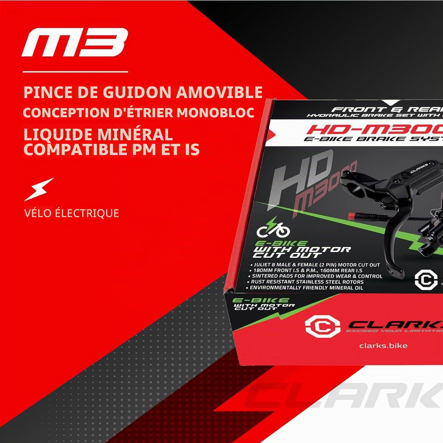 Clarks Cycle Systems HD-M3000 Kit de Freins à Disque hydrauliques pour vélo électrique avec rotors Olives et Supports is Noir 180/160 mm