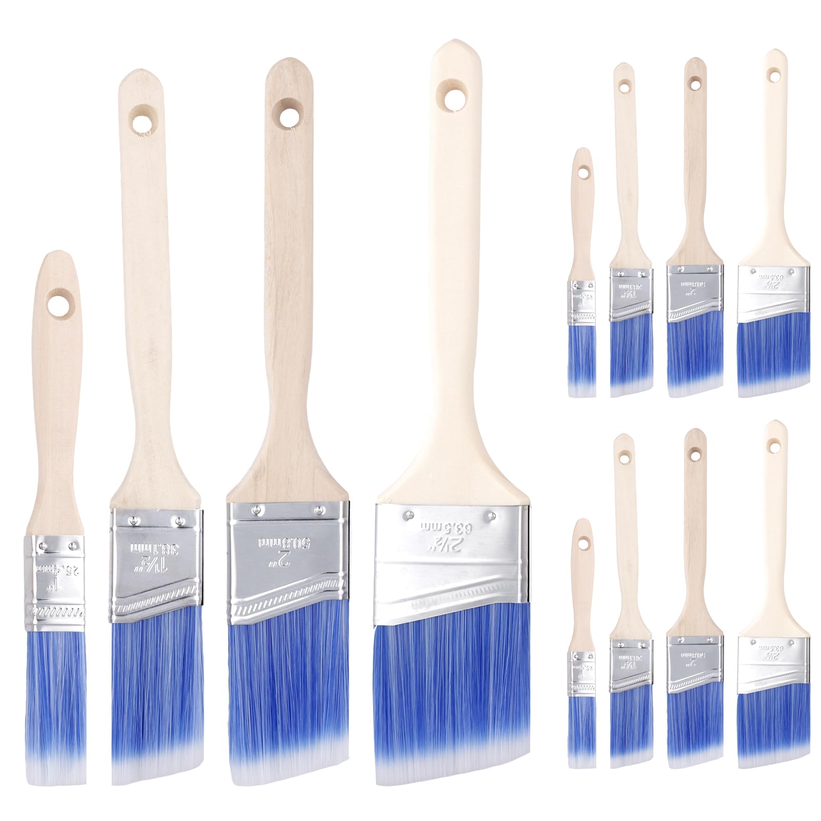 MUKLEI Lot de 12 pinceaux de 4 tailles - Pinceau biseauté pour décoration de la maison - 2,5 cm, 3,8 cm, 5,1 cm, 6,3 cm