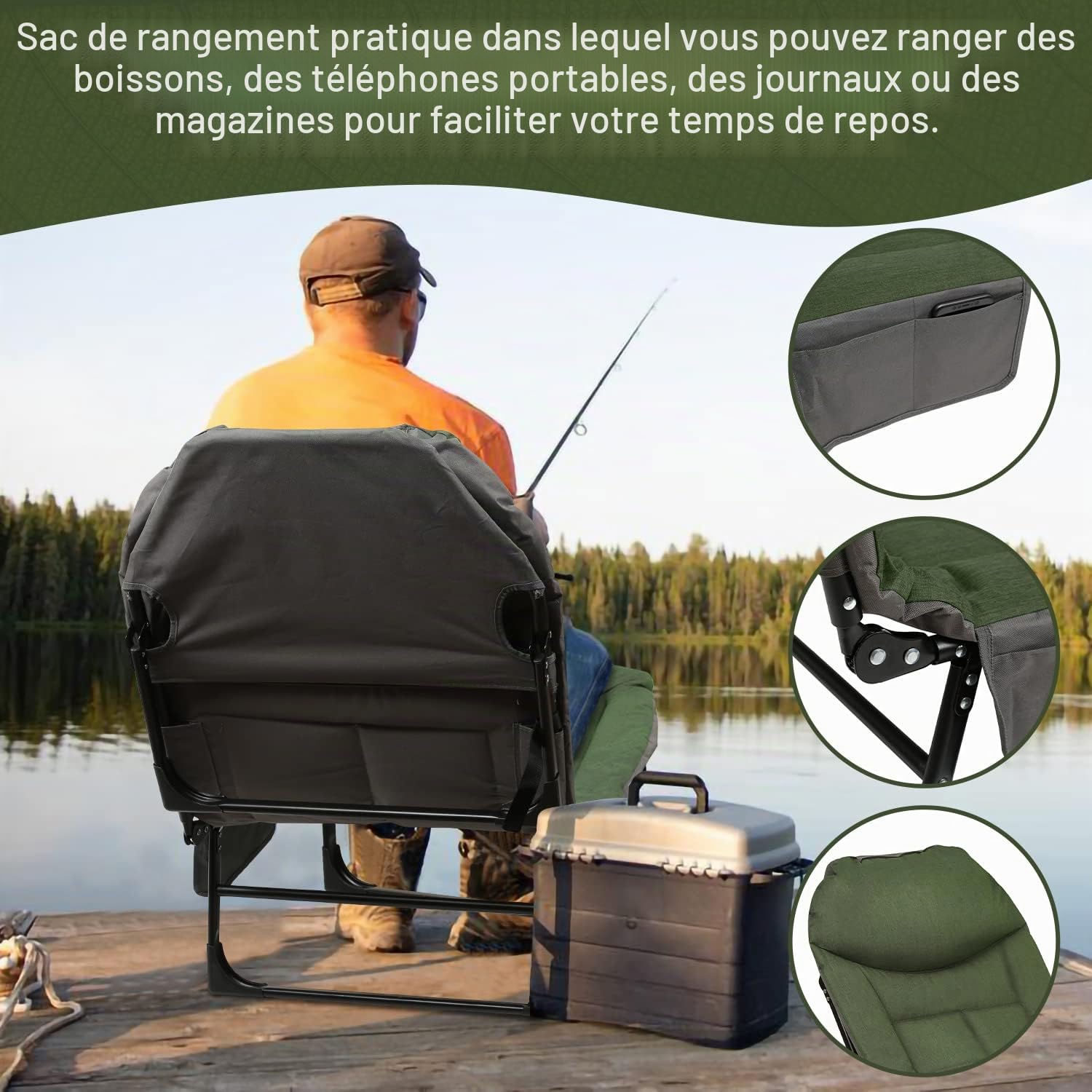 Gimisgu Lit de Pêche Carpe 200x 64 x 32 cm, Bedchair Carpe Pliable 8 Pieds avec Dossier Réglable, Appui-tête Rembourré, Poche Latérale, Lit Pliant pour Pêche Camping Outdoor