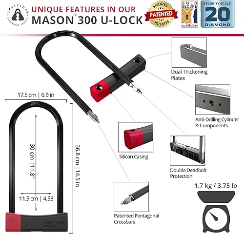 Miniatura 6 de Seatylock Mason Bike U Lock  Patentado resistente antirrobo diamante seguro ULock  Herramienta de seguridad de bicicleta de ultra seguridad con
