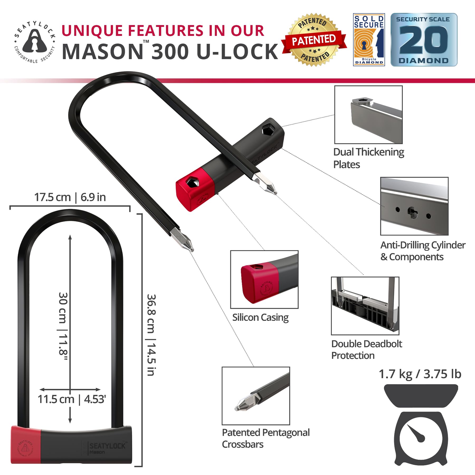 SeatyLock Mason Bike U Lock – Lucchetto antifurto per bicicletta brevettato – Super Wide Safety Master Tool ULock con chiavi per bici elettriche, scooter e moto (30 cm)
