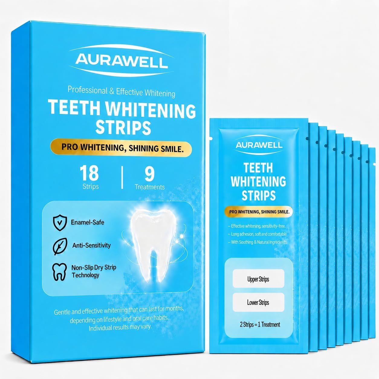 Teeth Whitening Strips for Sensitive Teeth, XL, 18 Strips, 9 Treatments