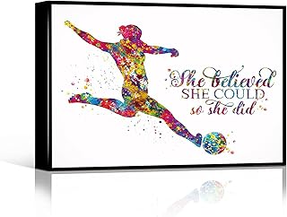 SPORT QUOTE POSTER sports legends poster Soccer Girl She believed she could so she did Quote Watercolor Print Female Soccer Gift Wall Decor Girl 8''x12'' Framed Modern Canvas Wall Art