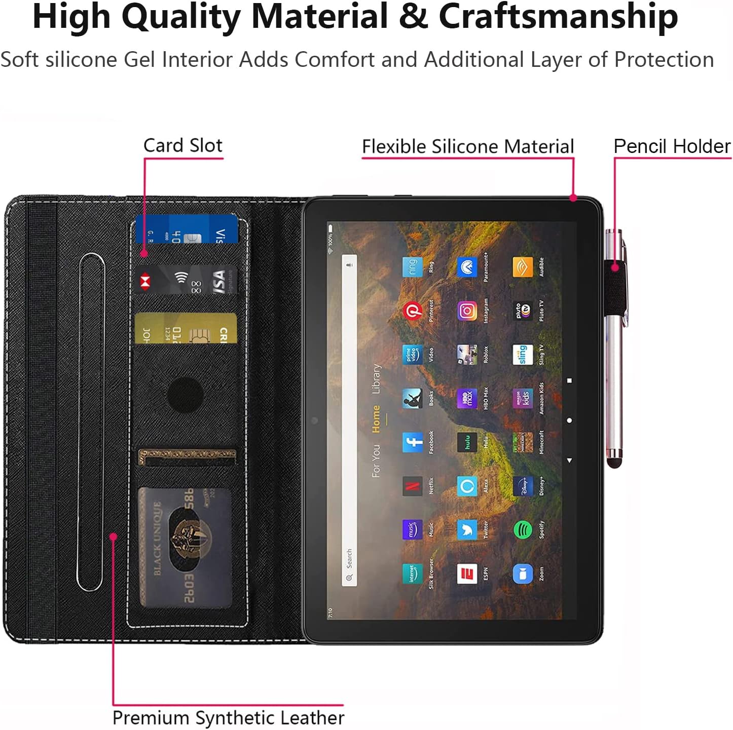 Case for All-New Kindle Fire HD 10/Fire HD 10 Plus Tablet (11th Generation, 2021 Release), Premium PU Leather Cover with Card Slot & Pencil Holder, Cute Black Cat Face