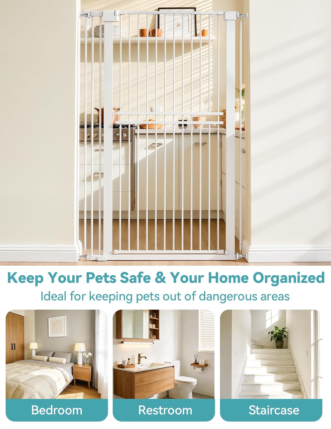 No Pawblems 55" Extra Tall Pet Gate for Cat/Dog, 31.5-48" Wide Auto Close Tall Cat Gate with 25.6" Wide Walk-Thru Door Opening, 1.37" Ultra Narrow Spacing, NO Drilling Pressure Mounted, White