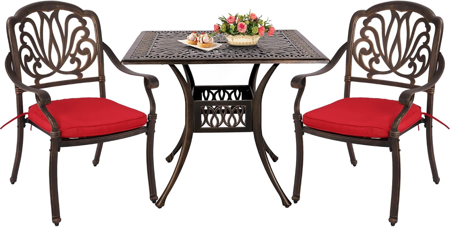 Grepatio 3 Piece Bistro Set Outdoor Cast Aluminum Patio Dining Set Table and Chairs Outside Bistro Furniture Set 2 Chairs and Umbrella Table for Lawn Garden (Khaki)
