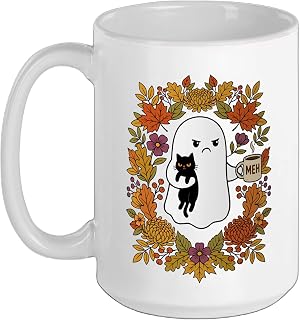 Meh Ghost Holding Black Cat And Coffee Fall Floral Ceramic Mug, White, 15oz