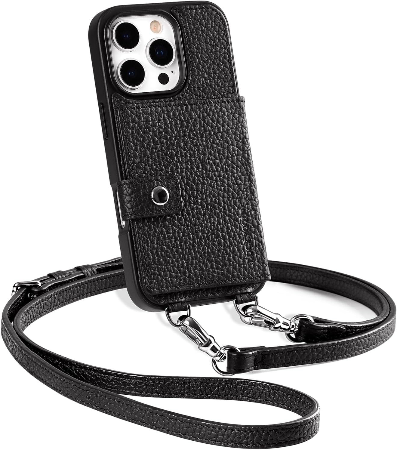 LUCKYCOIN for iPhone 16 Pro Crossbody Wallet Phone Case,Compatible with MagSafe,Genuine Leather Magnetic Phone Case with Card Holder and Adjustable Strap,with RFID Blocking Black