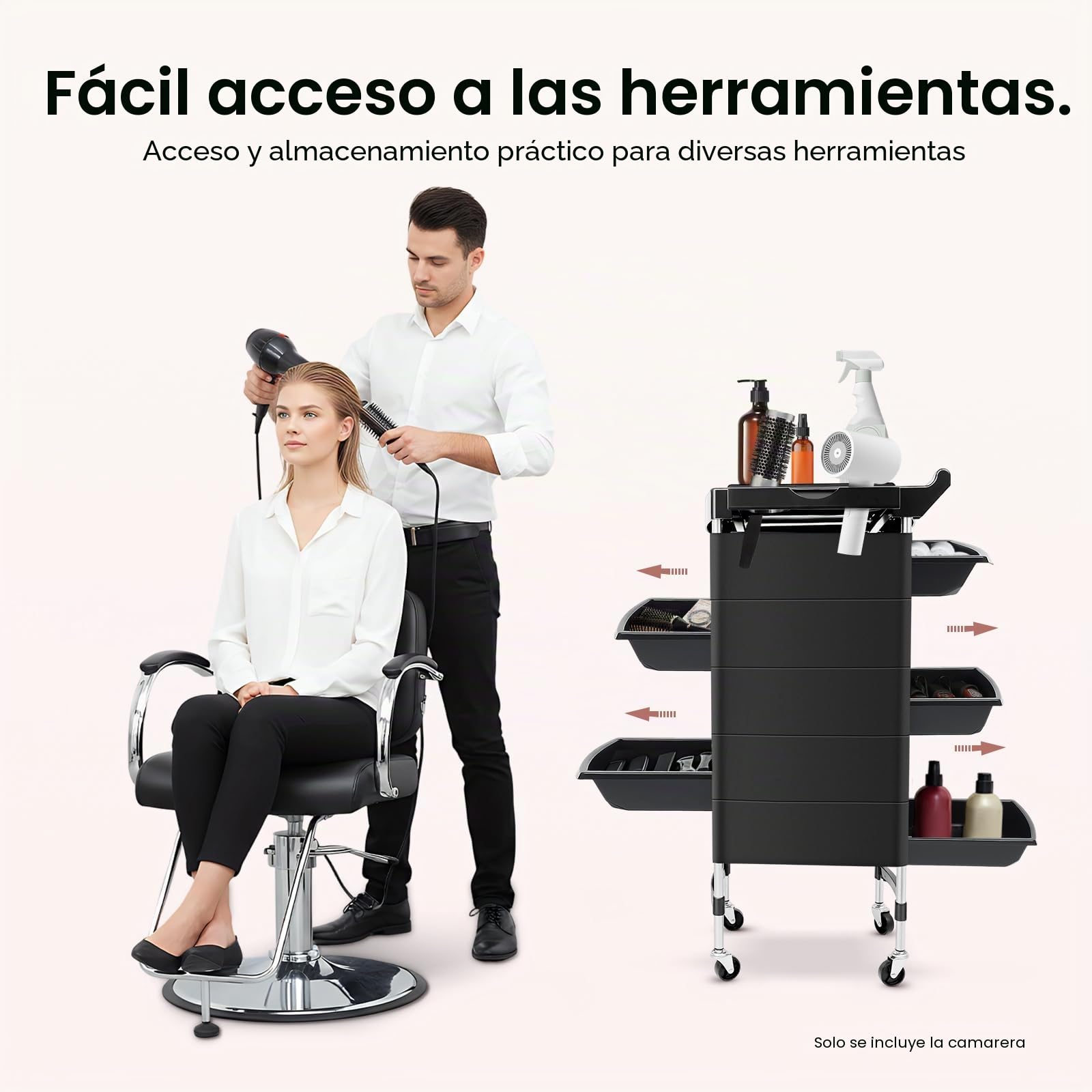 Equipo de carrito para salón de belleza, carro con bandeja para peinado y almacenamiento, puede ser utilizado en salones de belleza, peluquerías, hospitales e instalaciones sanitarias, negro