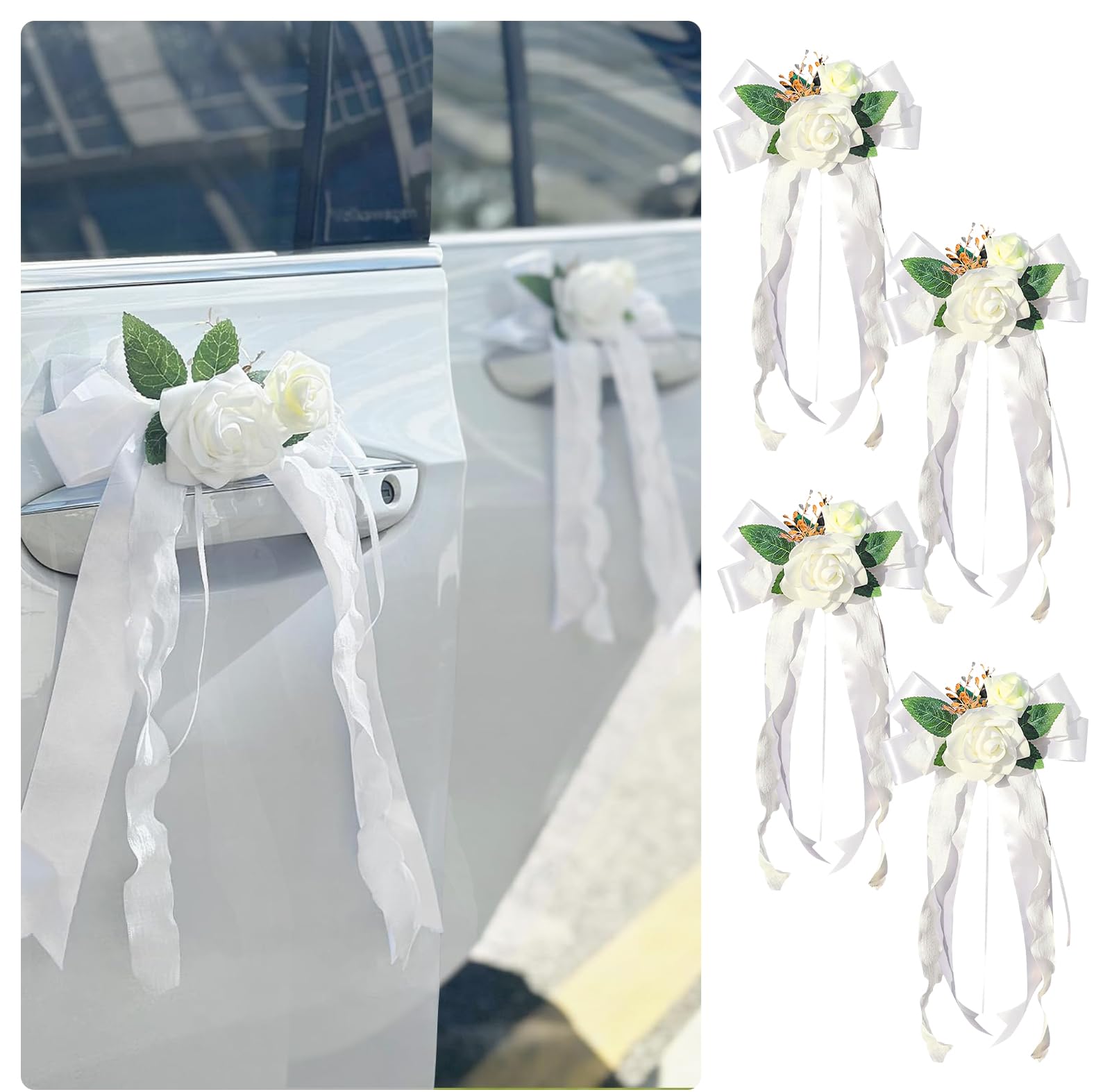 zmoso 4PCS Wedding Car Door Handle Decorative Flowers, White Artificial Cars Bouquet Flower Bowknot Ribbon Decor, Just Married Automotive Decorations