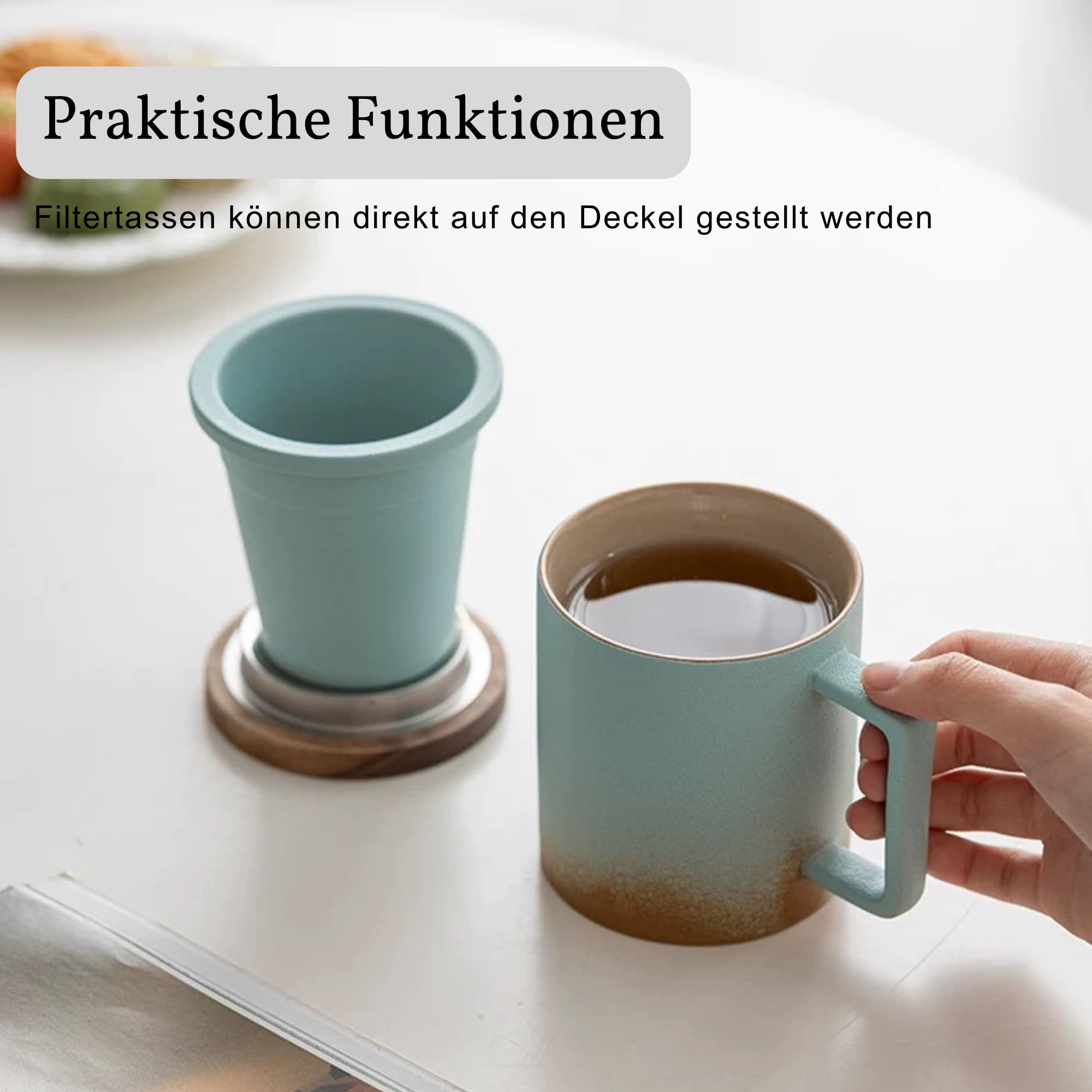 JanYoo Teetasse mit Deckel und Sieb, 300ml Teebecher mit Teesieb und Deckel für Losen Tee, Blooming Tea, Keramik Farbverlaufende Glasur Teetassen Geschenke für Teeliebhaber(Blau)
