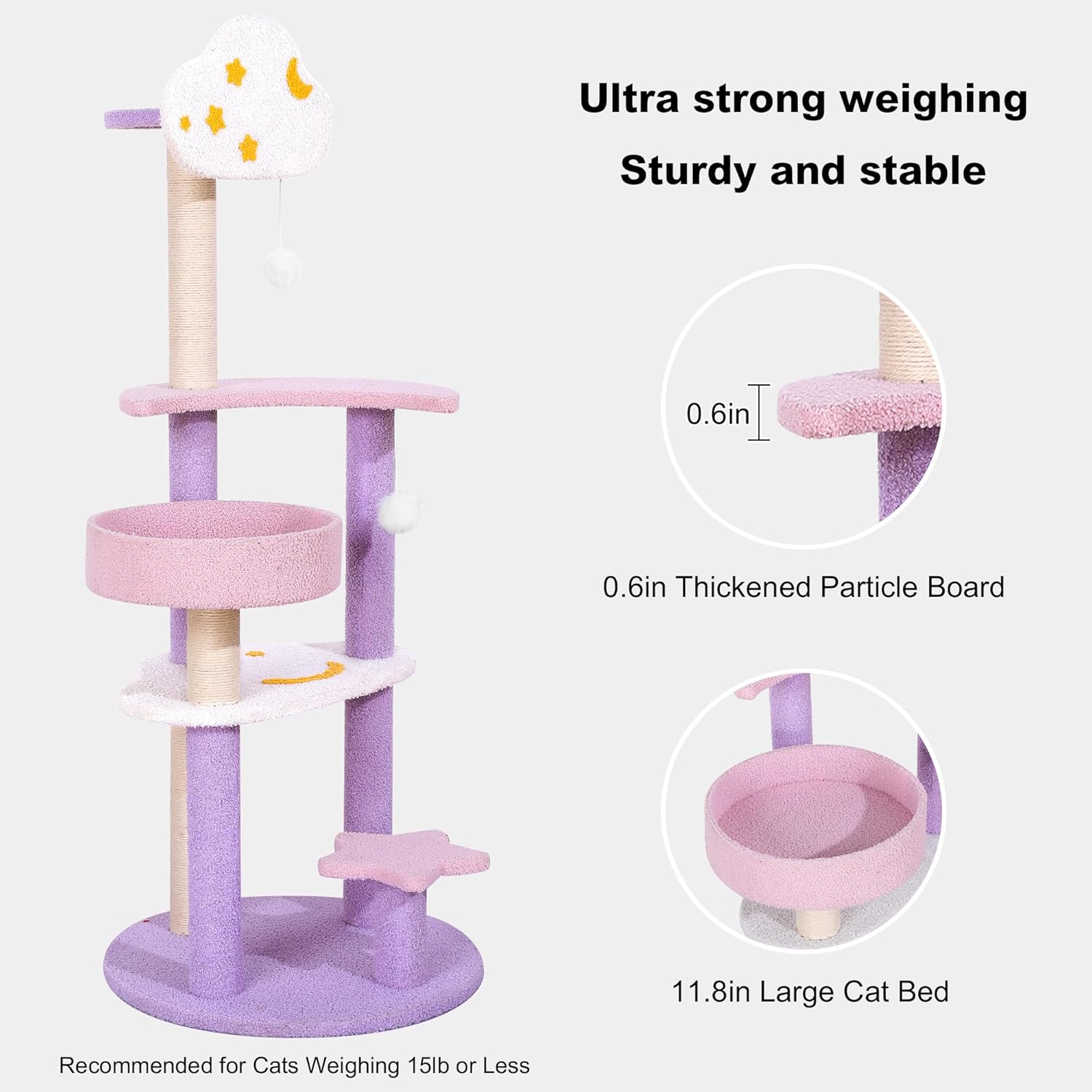 review Cat Tree Cat Tower Update 49in Multi-Level Cat Activity Tree with Scratching Post & Toys with Moon Star Cloud for Kittens Pet House Play Rest, Purple and Pink