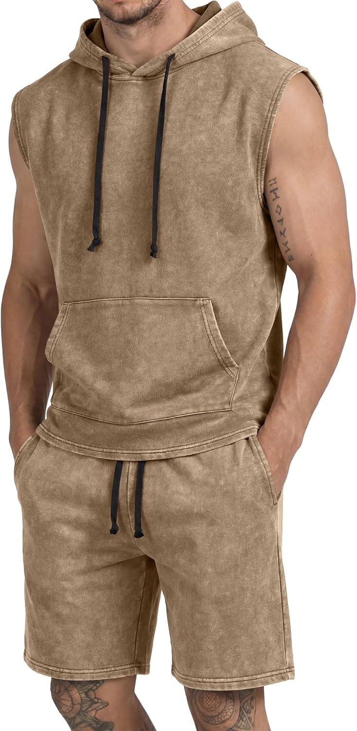 JMIERR Mens Track Suits 2 Piece Set Casual Sleeveless Hoodie Tank Top and Shorts Acid Wash Cotton Gym Sweatsuits