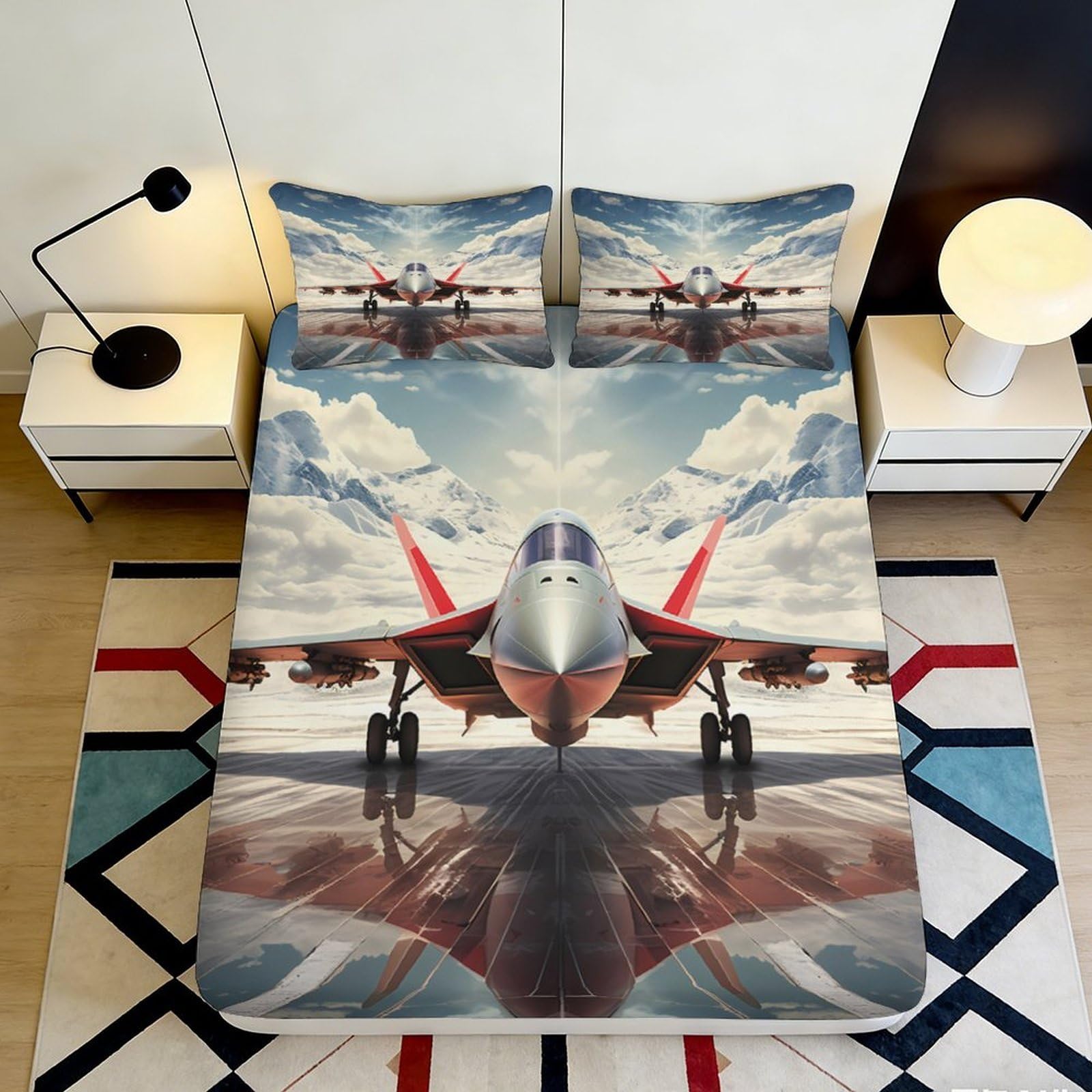 3D Printed Fighter Jet Fitted Sheet Microfiber Soft Breathable Airplane Bed Cover for Bedroom Dorm Decor Mattress Protection 90x200x25cm