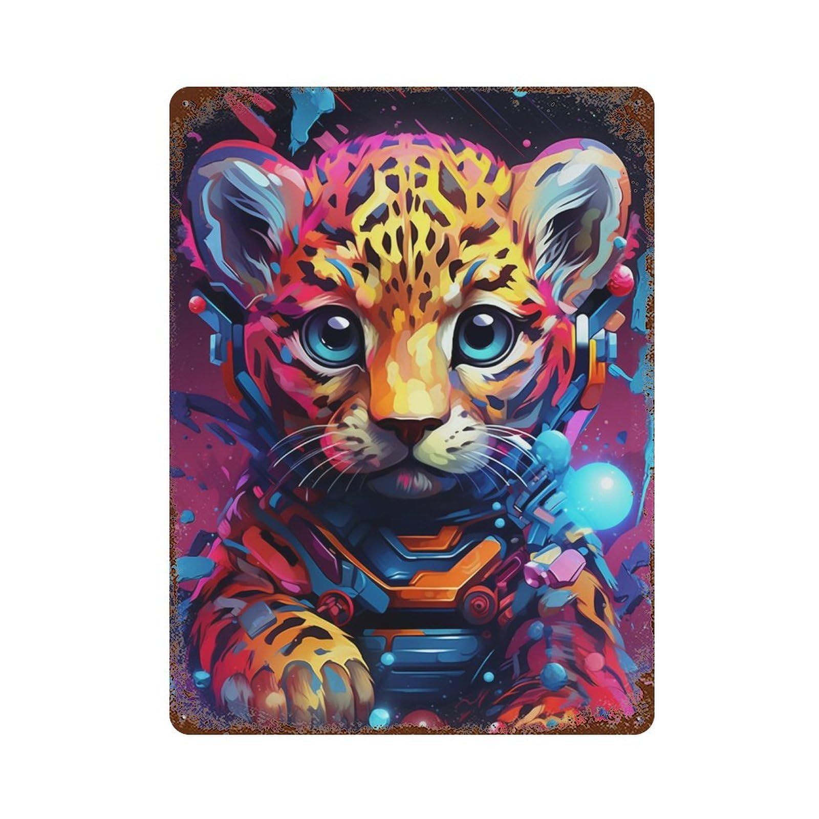 Cyber Leopard in Space Suit 15.7"x11.8" Vintage Rust Metal Sign, Classic Wall Plaque for Office, Studio And Wall Decor