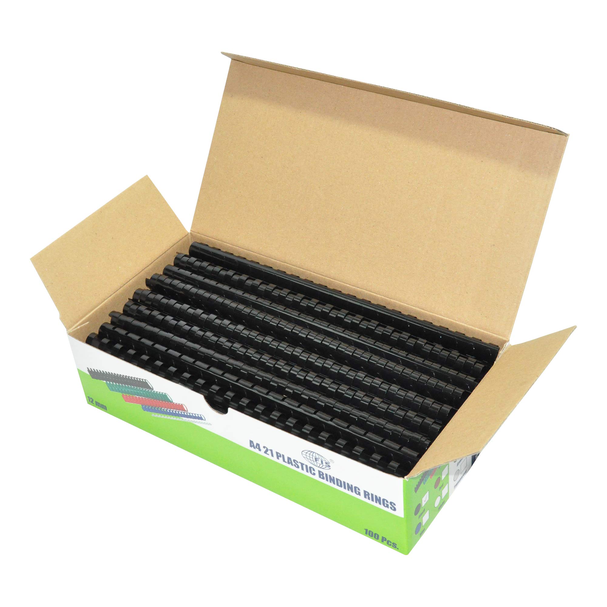 FIS® Plastic Binding Rings, Size 12mm, Capacity Up to 90 Sheets, 100 Pieces Per Box, Black Color-FSBD12BK