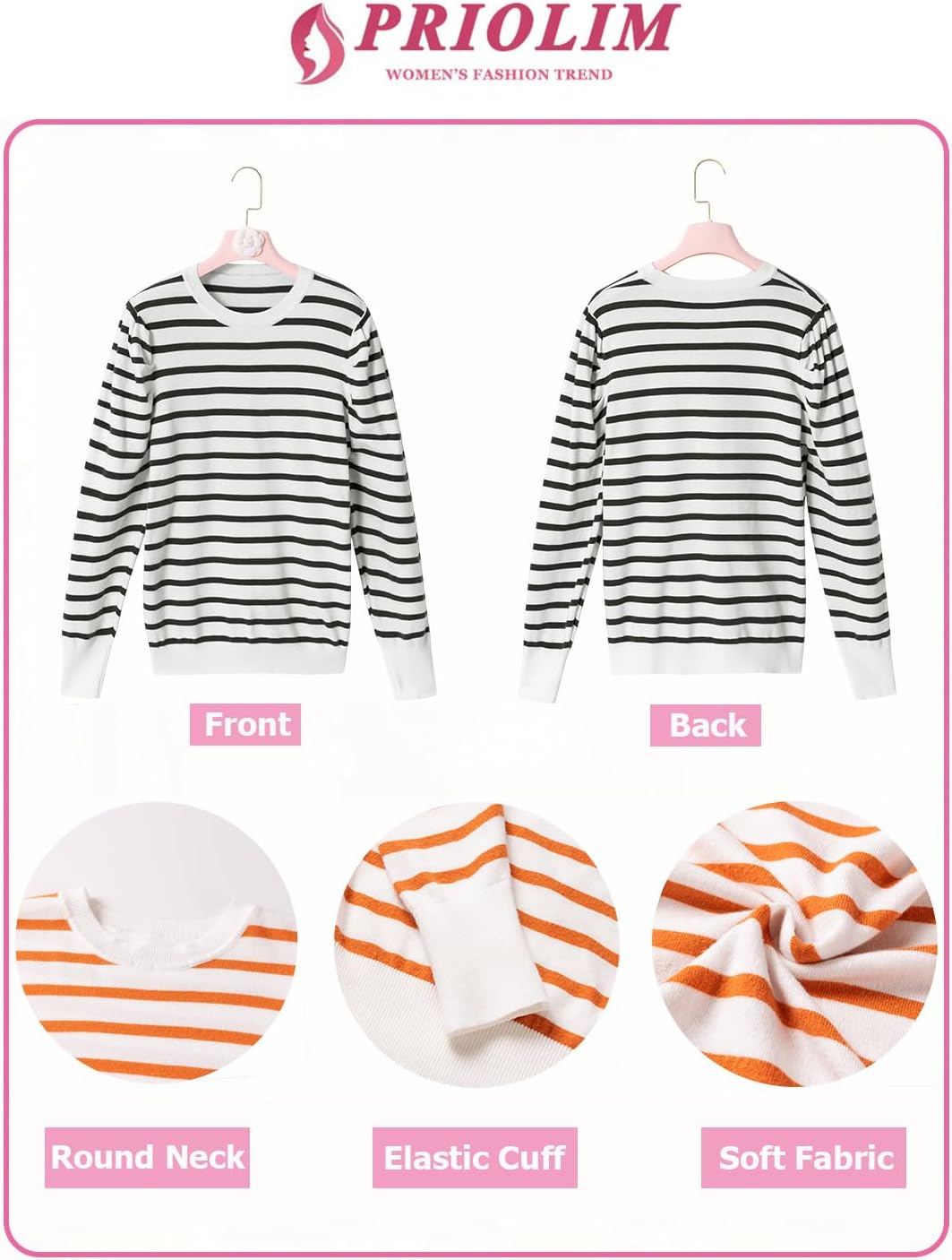 Womens Striped Sweater Fashion Puff Long Sleeve Knit Top Casual Crew Neck Pullover Sweaters - Image 5