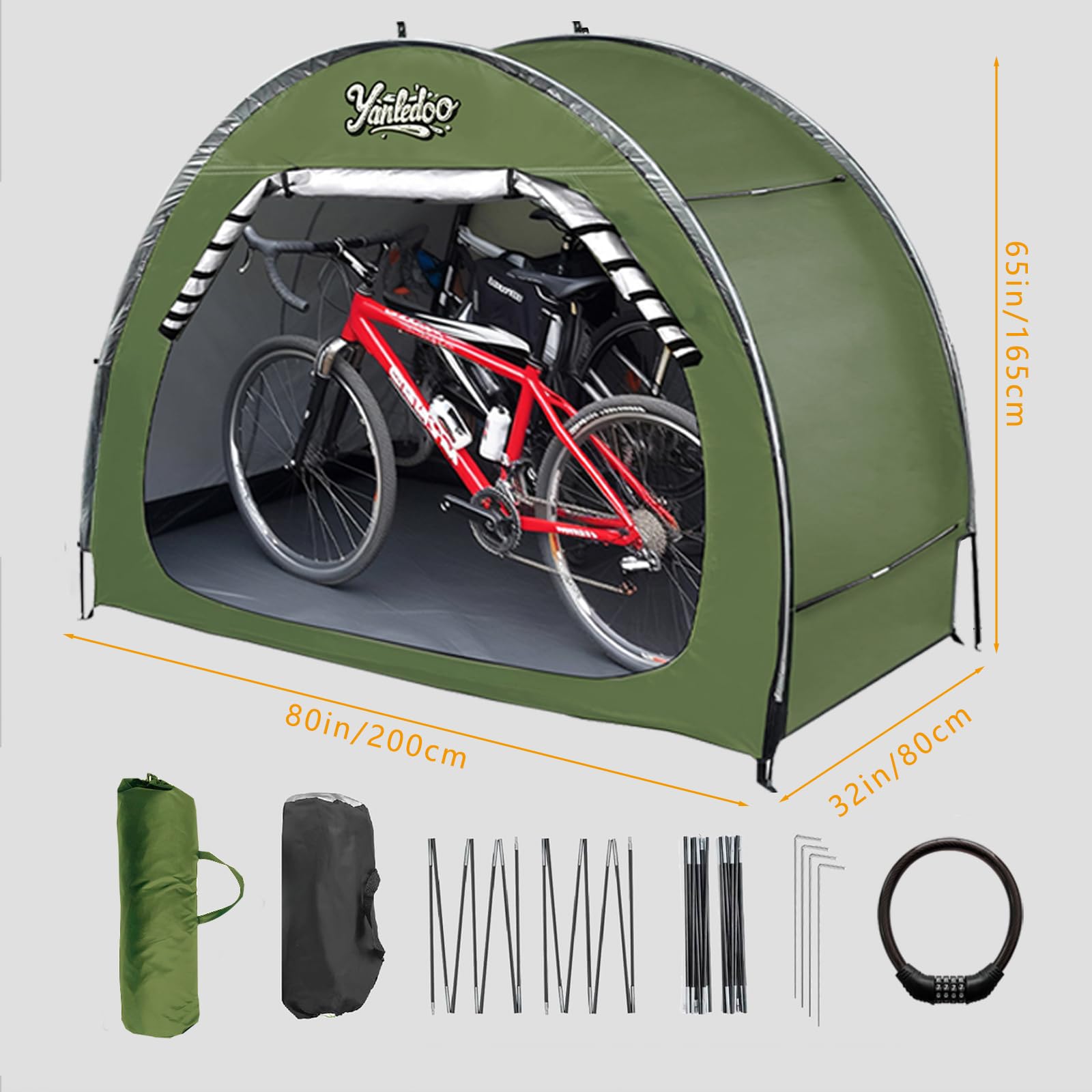 Bike Shed, Outdoor Portable Bike Storage Shed Tent, Bike Tent, Waterproof Bicycle Shelter with 210D Oxford Fabric, Bicycle Cover Fits 2-3 Bikes (Green) - 3
