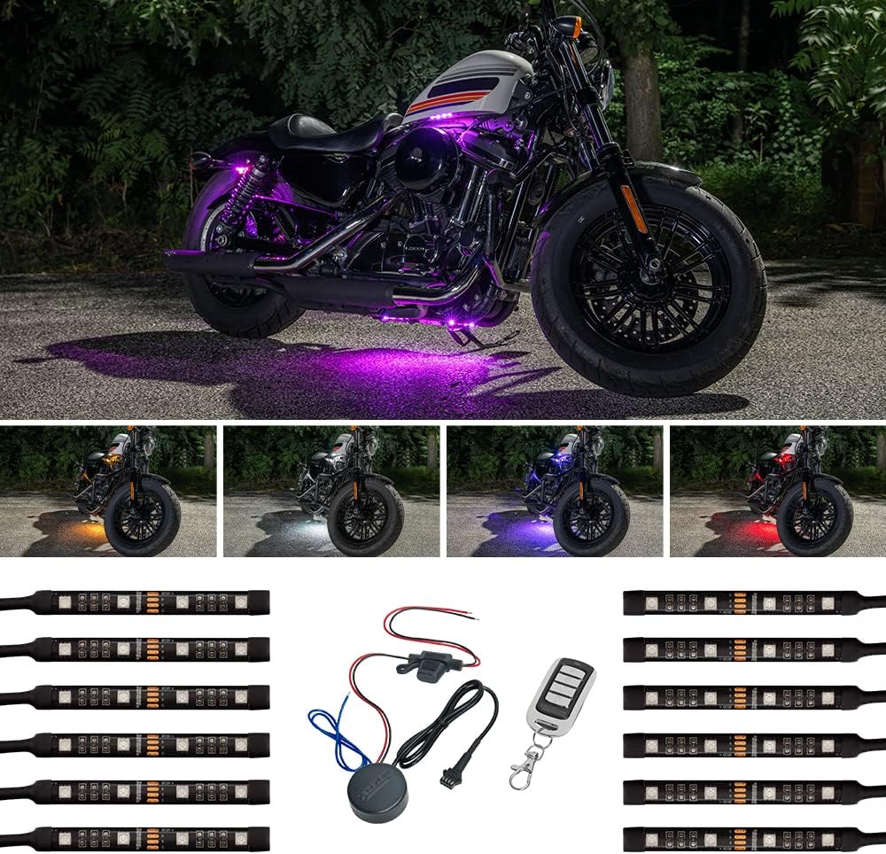LEDGlow 12pc Advanced Million Color Mini LED Motorcycle Accent Underlow Light Kit - 15 Solid Colors - 6 Patterns - 4" Multi-Color Flexible Strips - Includes Waterproof Control Box & Wireless Remote