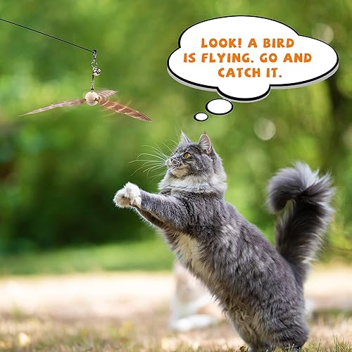 Miniatura 3 de JXFUKAL Juguetes interactivos para gatos con 3 recambios de plumas, alambre de acero flexible de 29 pulgadas, mango de madera resistente y campana