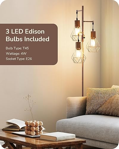 Miniatura 5 de EDISHINE Lámpara de pie de granja regulable, lámpara de pie industrial para sala de estar, jaula en forma de diamante, esquina rústica de ratán