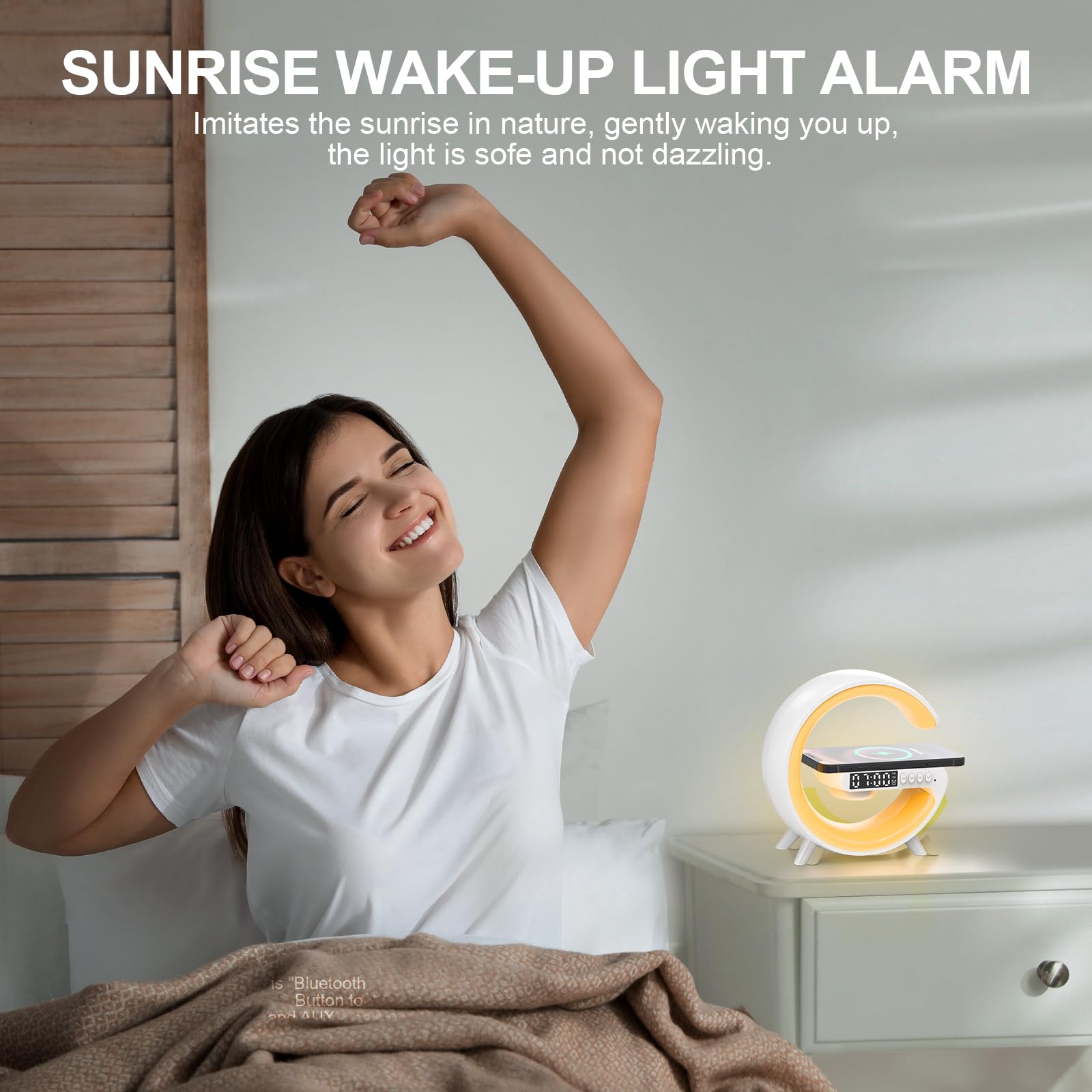 Tageslichtwecker, Lichtwecker Sonnenaufgang Wecker mit Licht, Wake up Light, Wireless Charger Led Wecker Smart Tischlampe mit Bluetooth-Lautsprecher 13 Modi Lichter für Erwachsene Kinder Schlafzimmer
