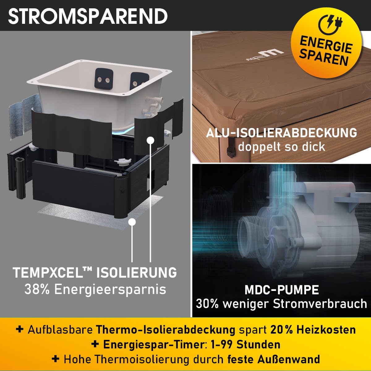 BRAST Whirlpool MSpa Oslo Amber mit Fester Außenwand | LED-Beleuchtung in 20 Farben für 6 Personen | 160x160x65cm | 120 Massagedüsen | Ganzjähriger Einsatz Winterfest | In & Outdoor Pool