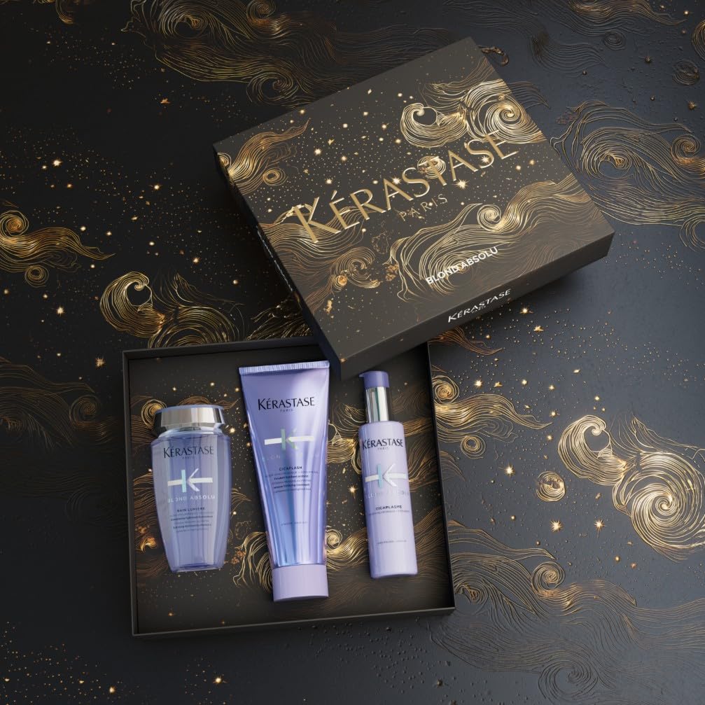 KÉRASTASE Blond Absolu - Coffret de Fin d'Année - Bain Lumière + Fondant Cicaflash + Sérum Cicaplasme - Fortifie & Illumine - Acide Hyaluronique & Edelweiss - Cheveux Blonds Décolorés ou Méchés