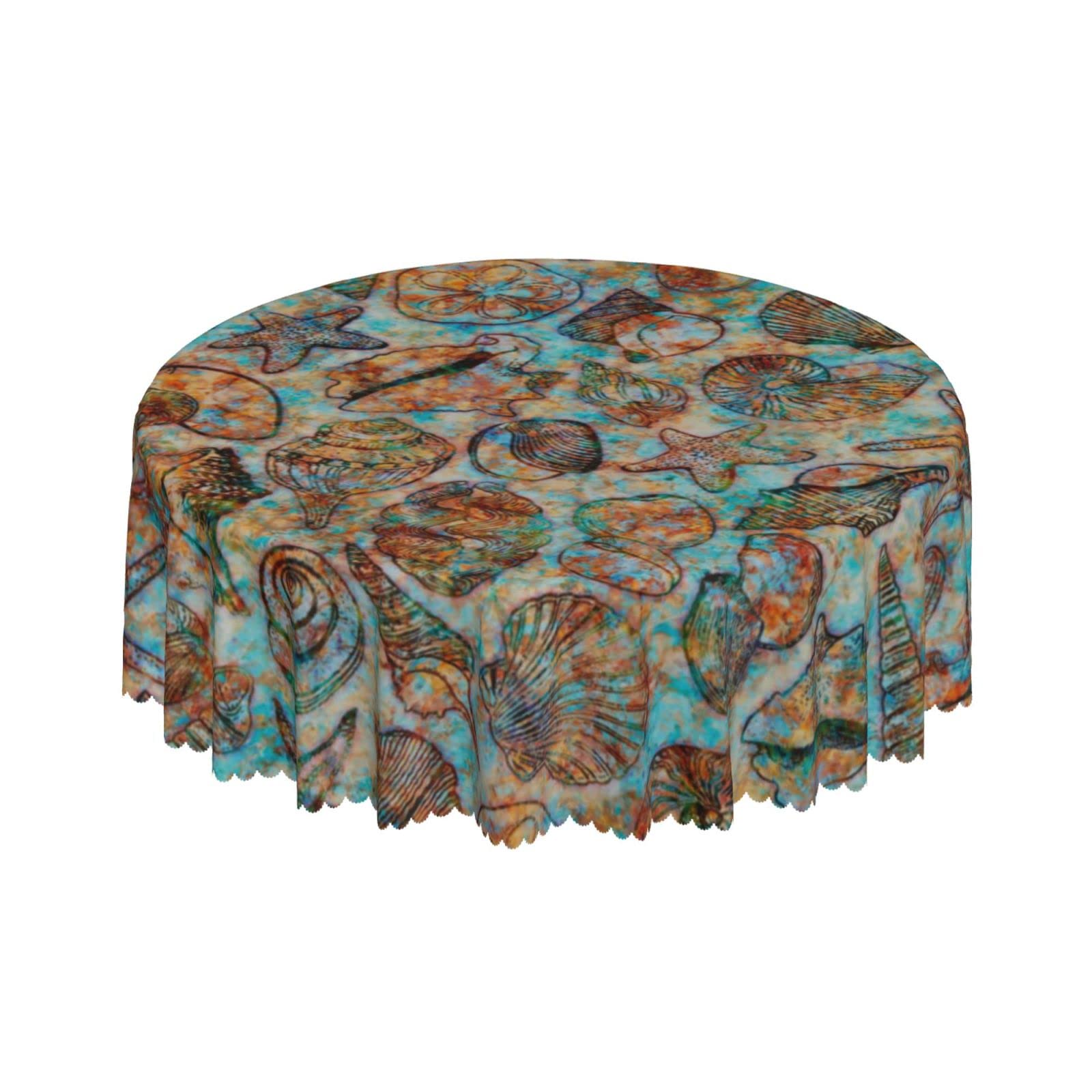 Lsjuee Vintage Ocean Fossil Seashell Round Tablecloth 60 Inch Printed Washable Tablecloth for Dining Party Holiday Fall Home Decorative