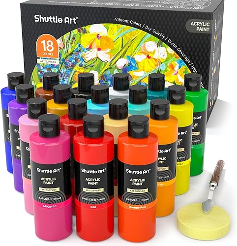Shuttle Art Juego de botellas de pintura acrílica de 18 colores (8.5 fl oz/8.45 onzas), ricos pigmentados a granel suministros de pintura para