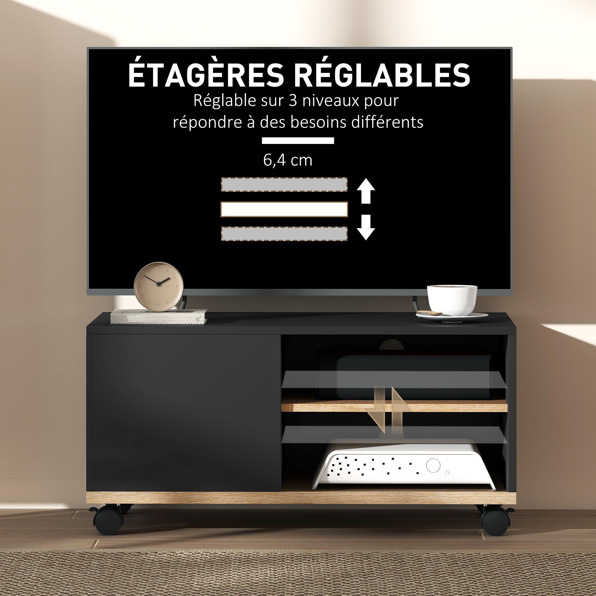 HOMCOM Meuble TV sur roulettes avec 2 Freins - 2 niches + Placard Porte 2 Passe-Fil - en Bois Noir chêne Clair