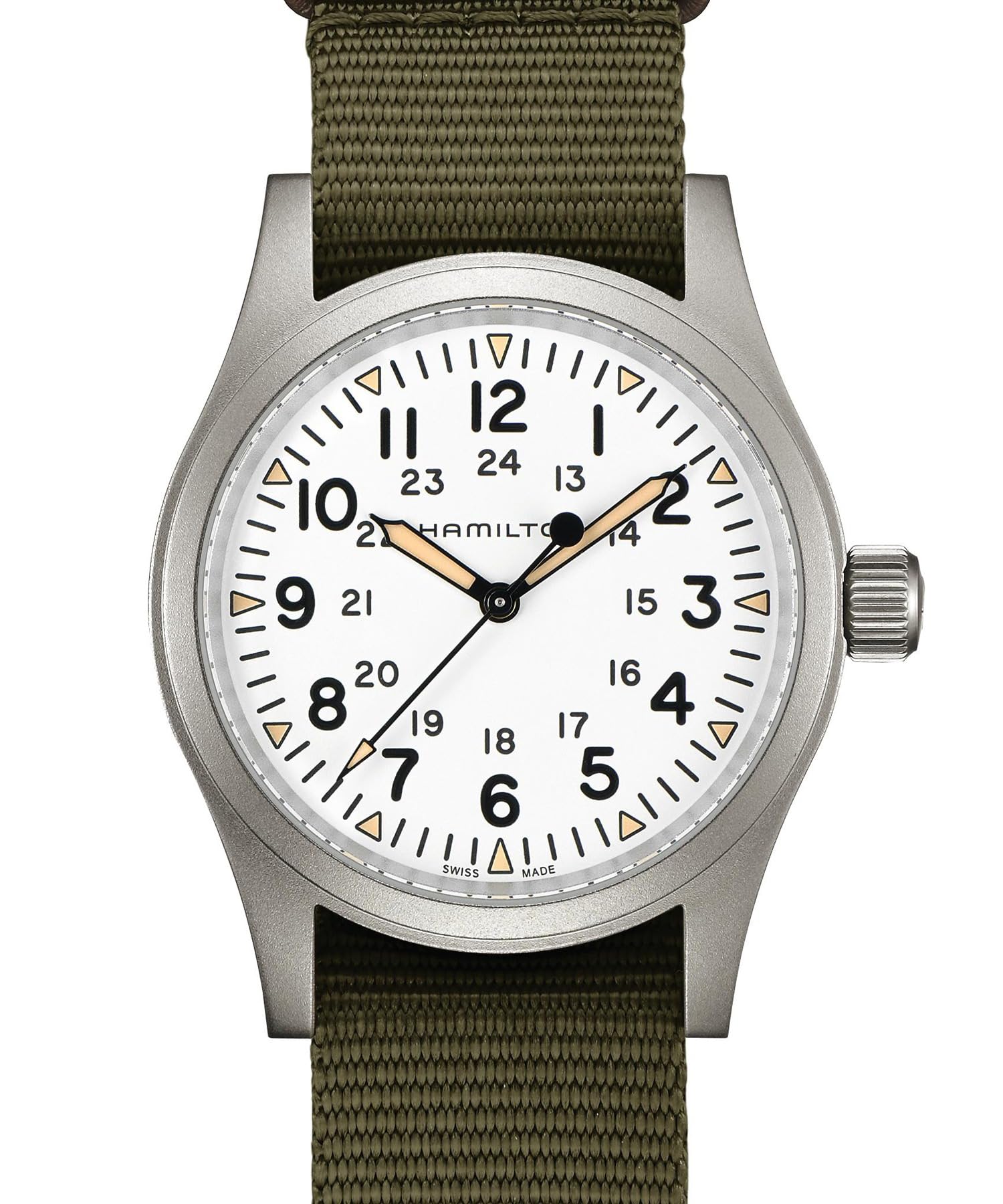 Hamilton Watch Khaki Field Mechanical 38mm | Swiss Made | 38mm Stainless Steel Case | White Dial Analog Watch | Green Textile NATO Strap (Model: H69439411), White, Military (B07Q4998L3) Amazon Price History, Amazon Price Tracker