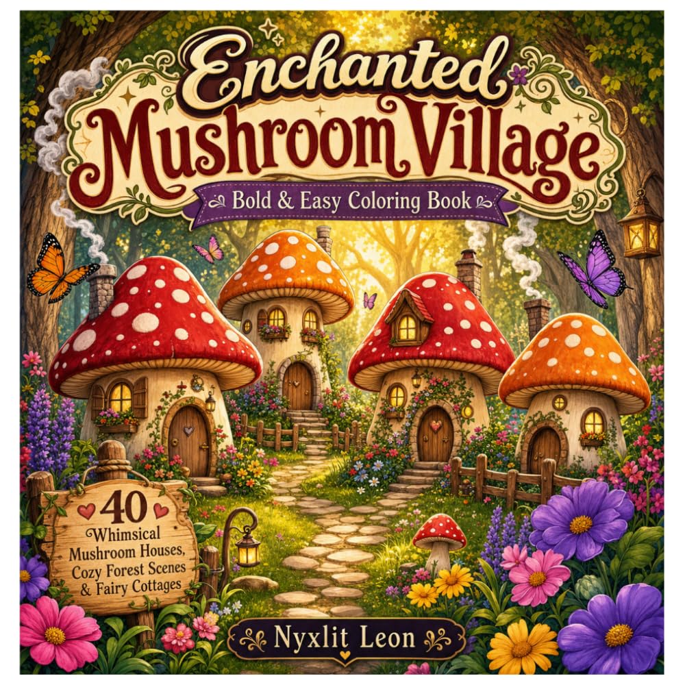 Enchanted Mushroom Village: Bold & Easy Coloring Book: 40 Whimsical Mushroom Houses, Cozy Forest Scenes & Fairy Cottages for Adults and Teens | Thick ... Simple Designs for Relaxation & Stress Relief