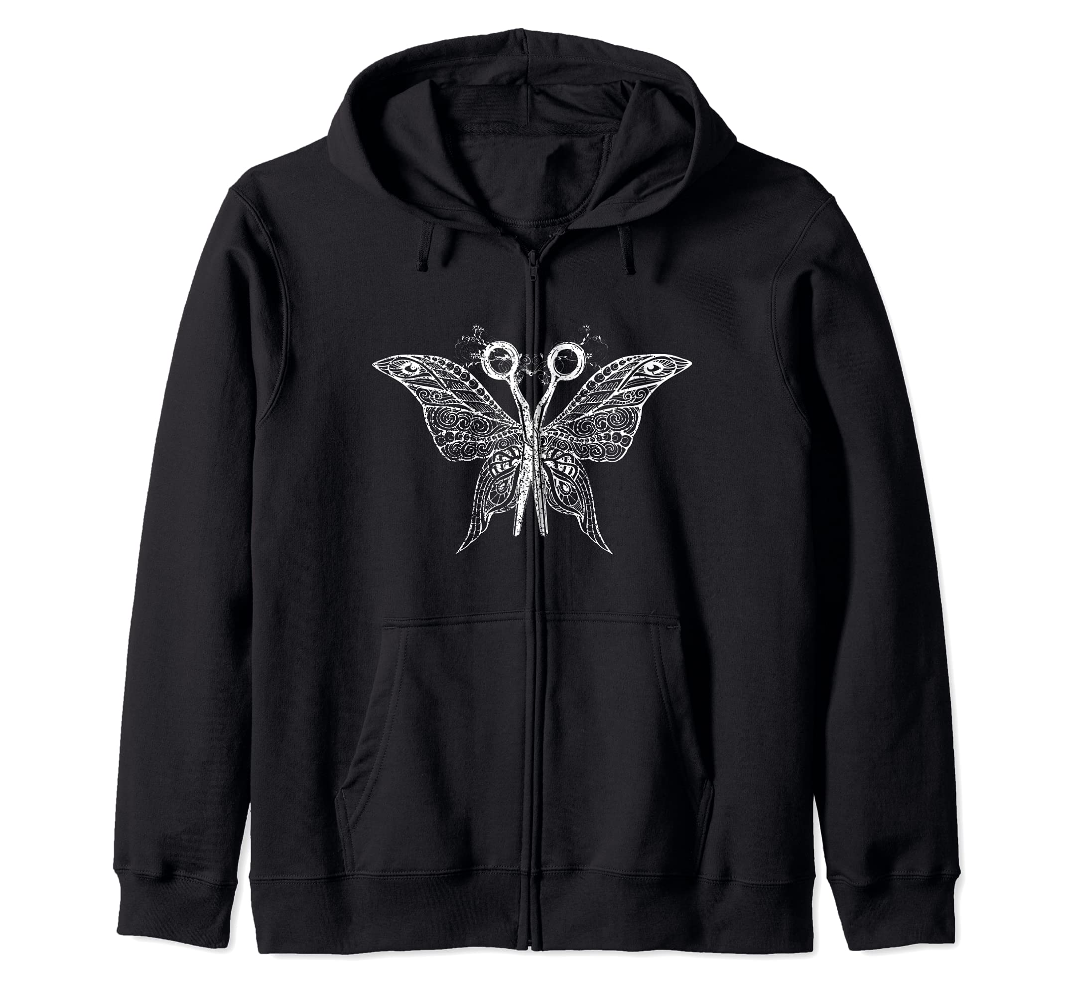 Hairdresser Goth Girl Hustler Butterfly Tattoo Art Scissors Zip Hoodie, Black