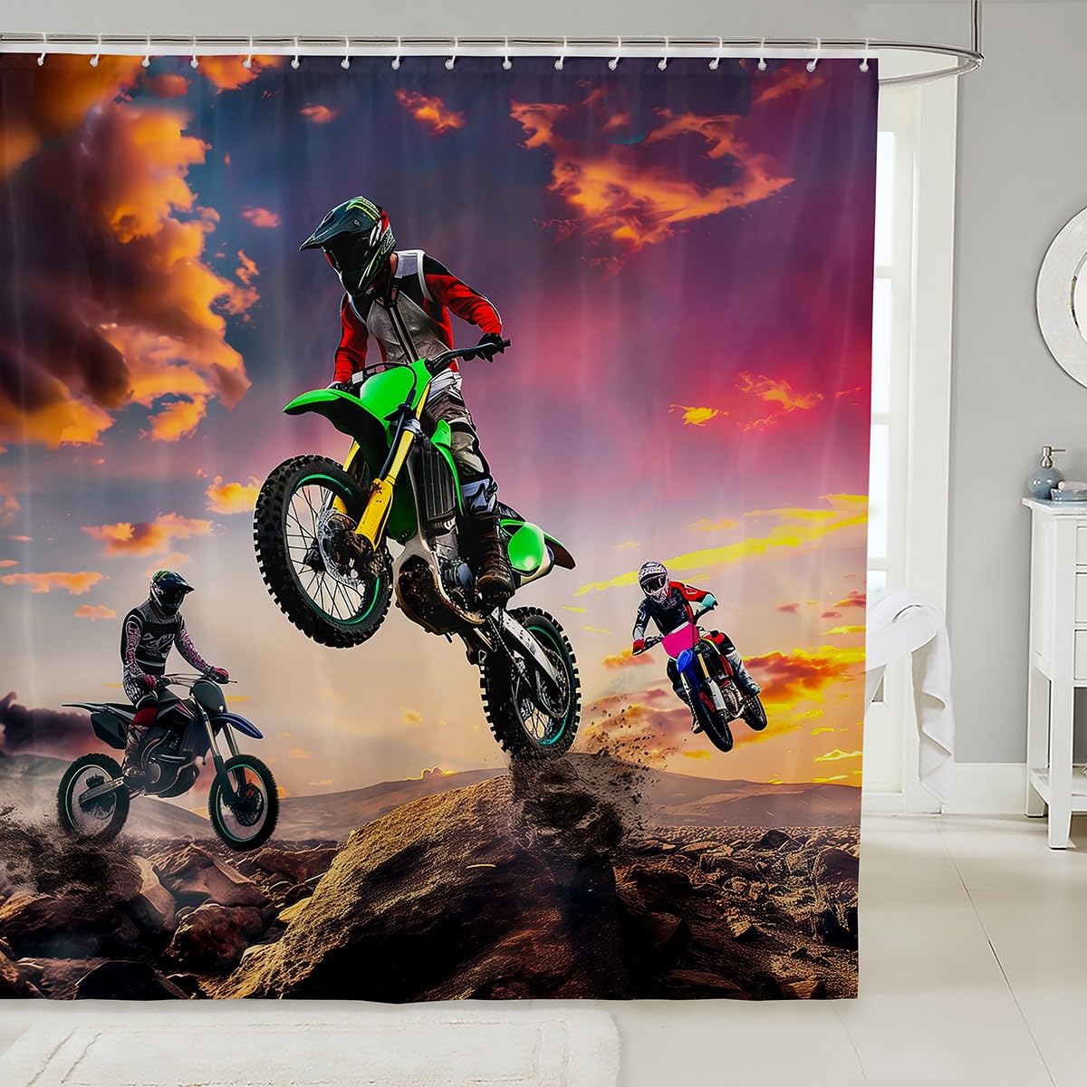 Dirt Bike Fabric Shower Curtain for Boys Bathroom Motocross Rider Extreme Sports Bath Curtain Mountain Bike Bathroom Curtain Kids Motorcycle Motorbike