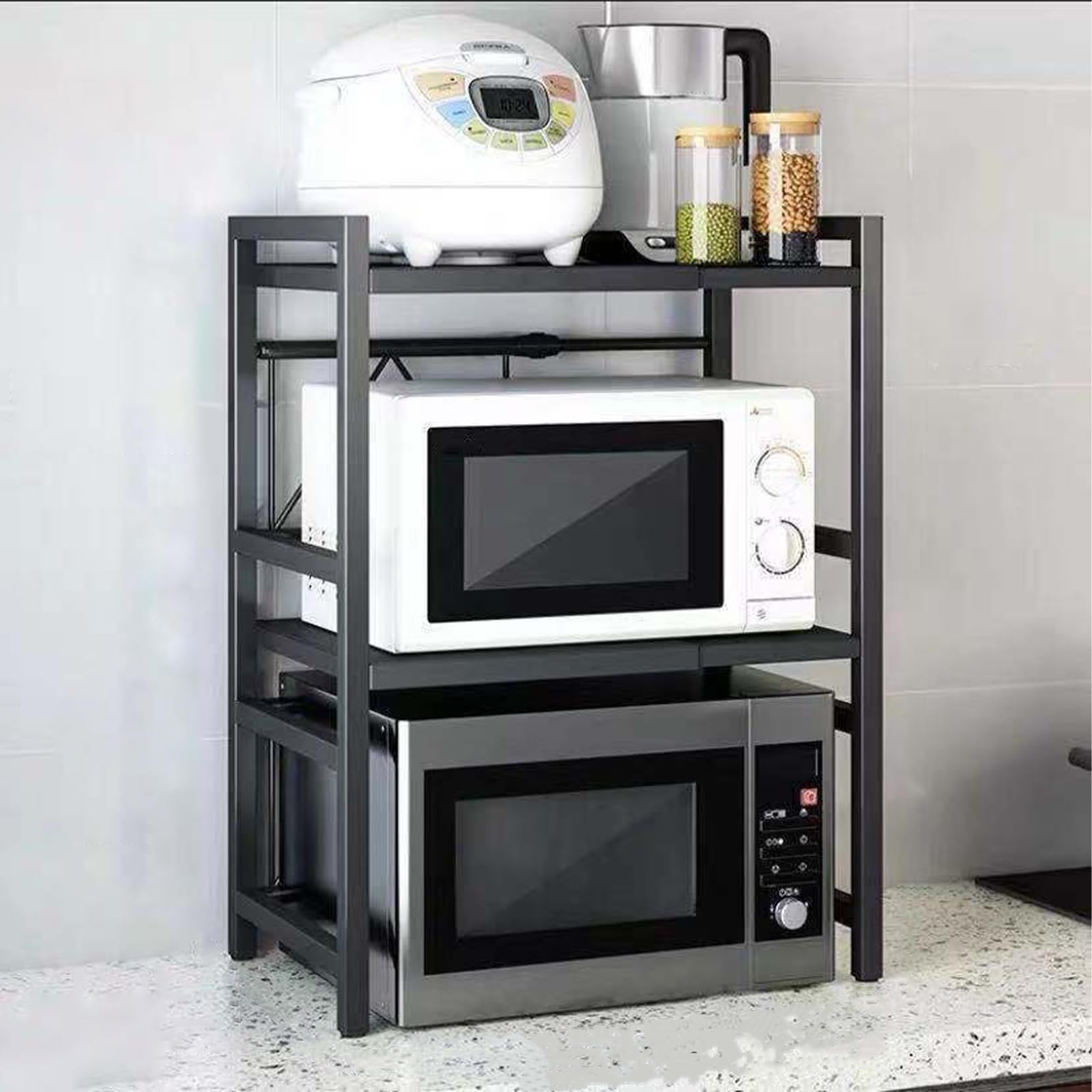 Dripex 3 Tiers Expandable Microwave Oven Rack for Kitchen Pots Pans Rice Cooker, Carbon Steel Kitchen Shelf with 6 Hooks Black