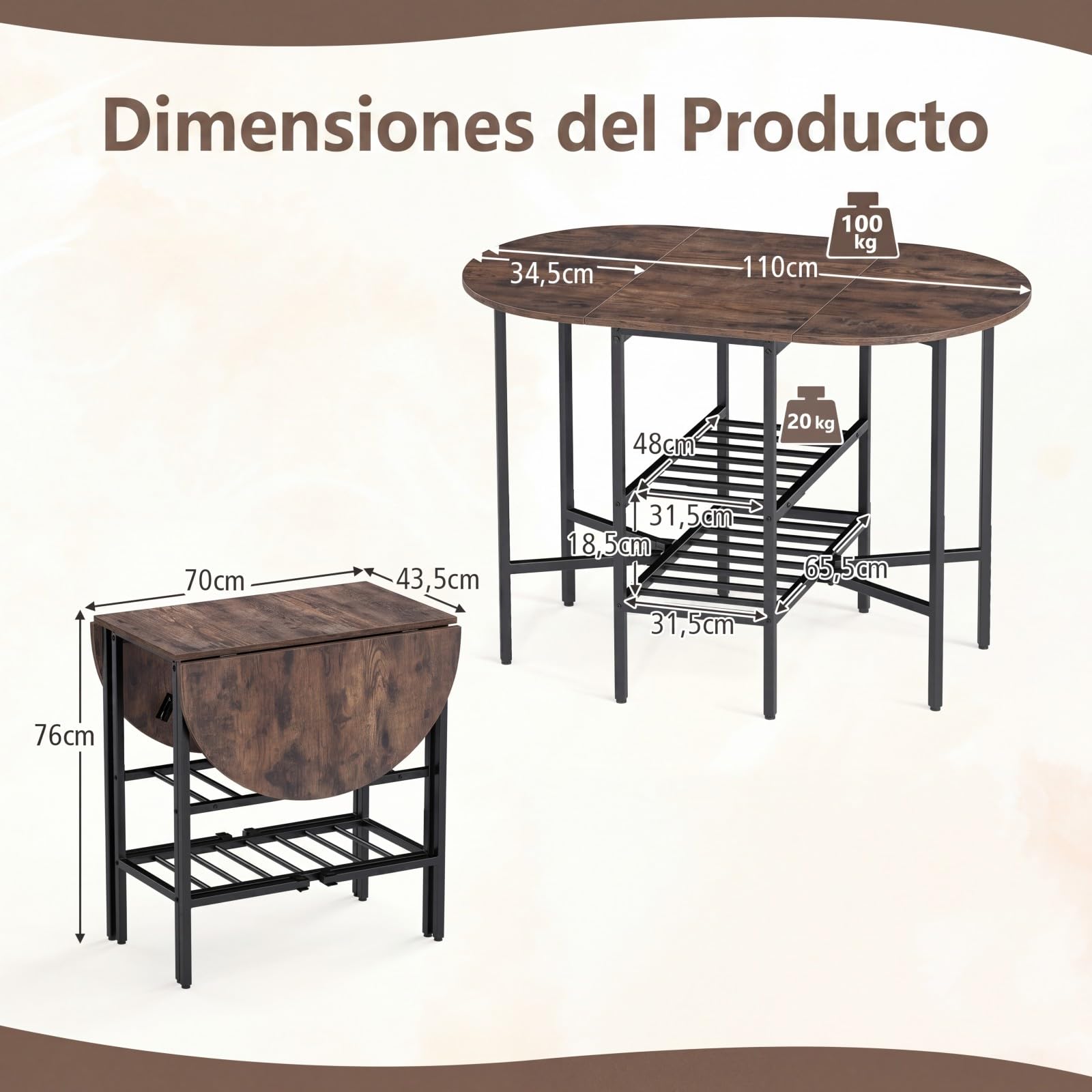 COSTWAY Mesa de Comedor Extensible, Mesa de Cocina Plegable con 2 Hojas Abatibles, 2 Estantes de Almacenamiento, Estructura de Metal, para Sala de Estar, Espacios Pequeños, 110 x 70 x 76 cm (Marrón)