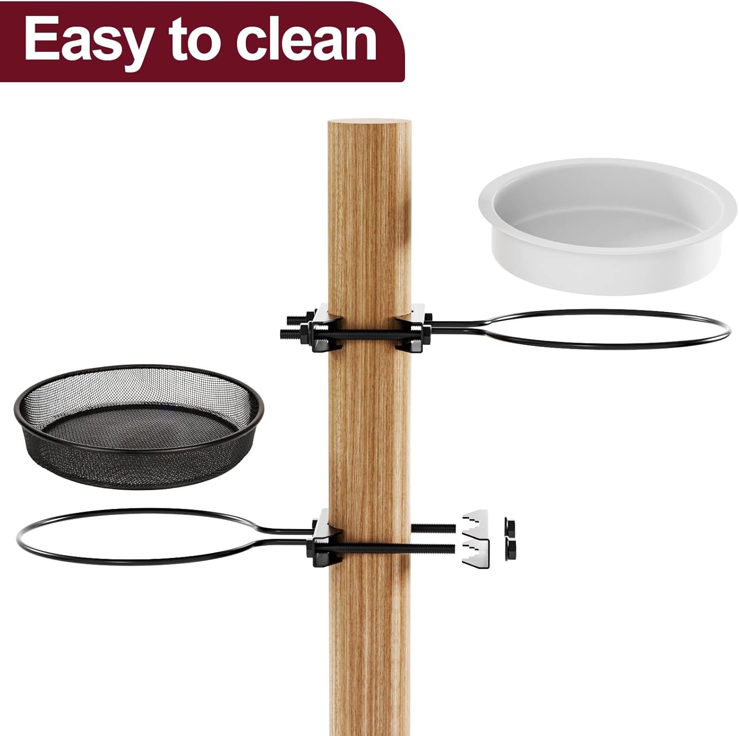 Bird Feeder for Railing Pole, Bird Bath Feeding Station Kit with 2 Water Bowl & 2 Mesh Food Tray, Birdbaths & Birdfeeder Installed on Fences, Trees, Deck, Indoor and Outdoor