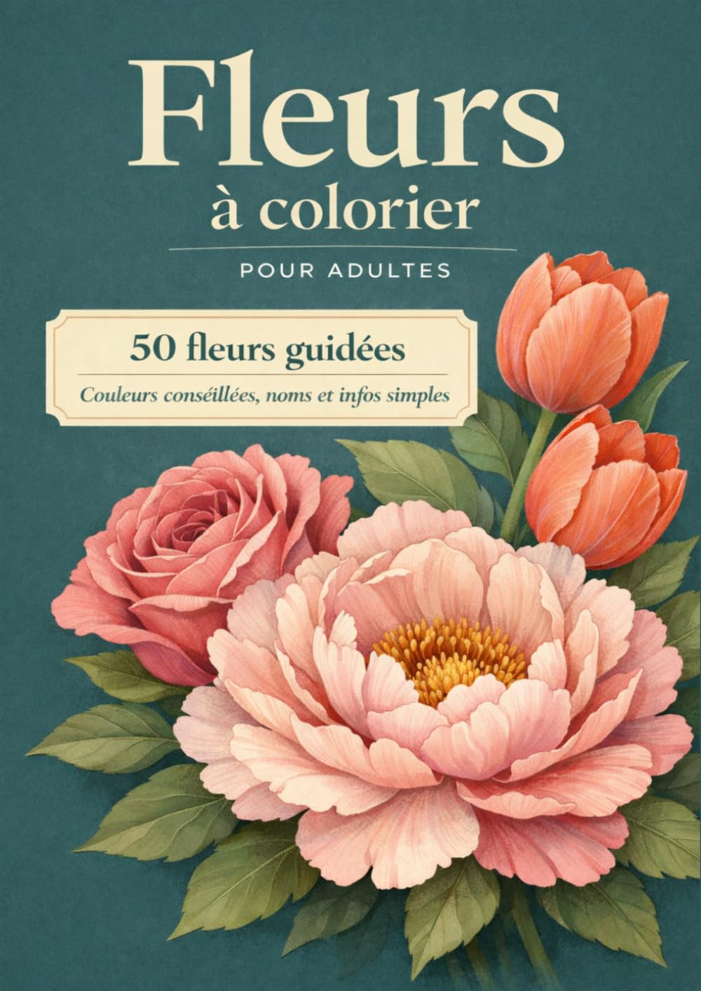 Fleurs à colorier pour adultes: 50 fleurs à colorier avec couleurs conseillées, noms des fleurs et infos simples