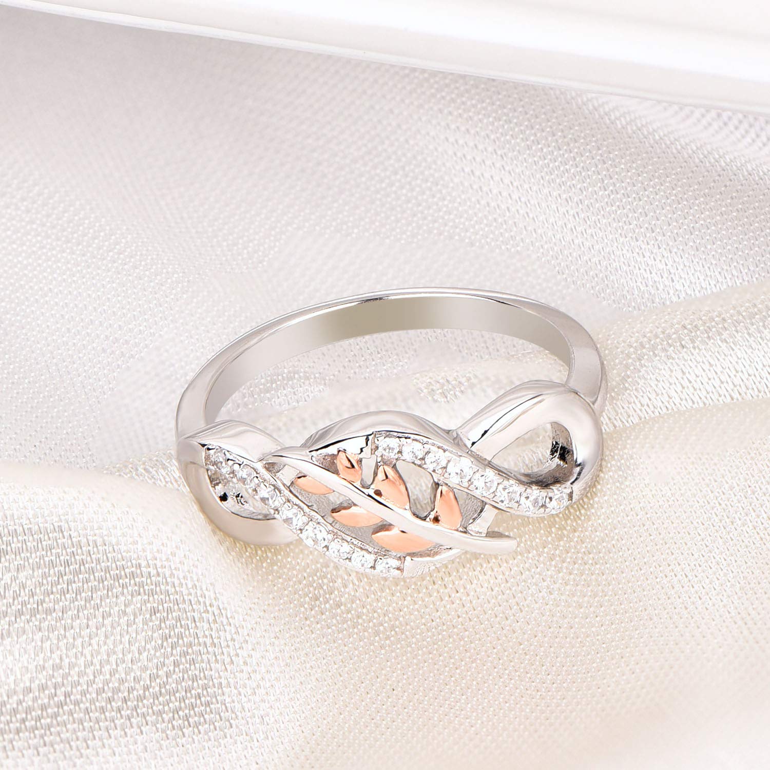 JO WISDOM Damen Ring 925 Sterling Silber Infinity Unendlichkeit Blatt Ring Herz schliff 3A Zirkonia mit zweifarbiger Farbbeschichtung, Roségold und Weißgoldbeschichtung,Schmuck für Frauen