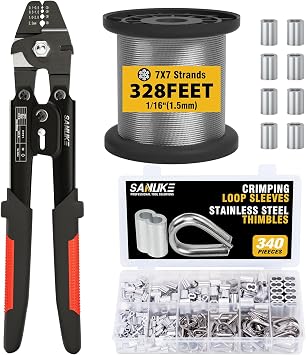 Sanuke Wire Rope Crimping Tool Kit with 328ft Steel Cable for Aluminum Crimping Loop Sleeves up to 2.2mm, 450PCS Stainless Steel Wire Rope Cable Thimbles Aluminum Crimping Loop Sleeve