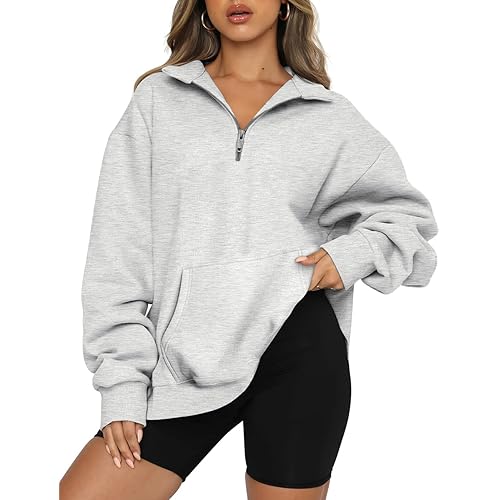 Trendy Queen Womens Quarter Zip Pullover Oversized Sweatshirts Pockets Half Zip Hoodies Crewneck Fall Clothes Teen Girls