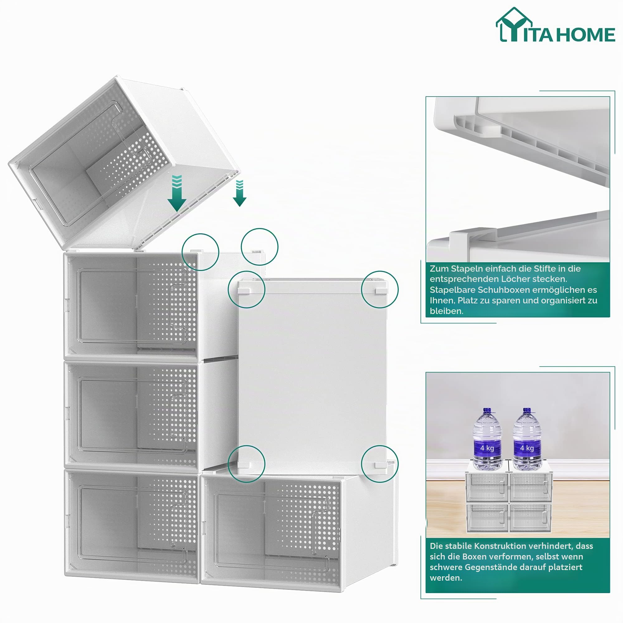 YITAHOME Schuhboxen, 6er Set, Schuhkarton stapelbar stabil, Aufbewahrungsboxen für Schuhe mit transparent Tür und Belüftungslöchern, für Schuhe bis Größe 46, stapelbare schuhbox weiße