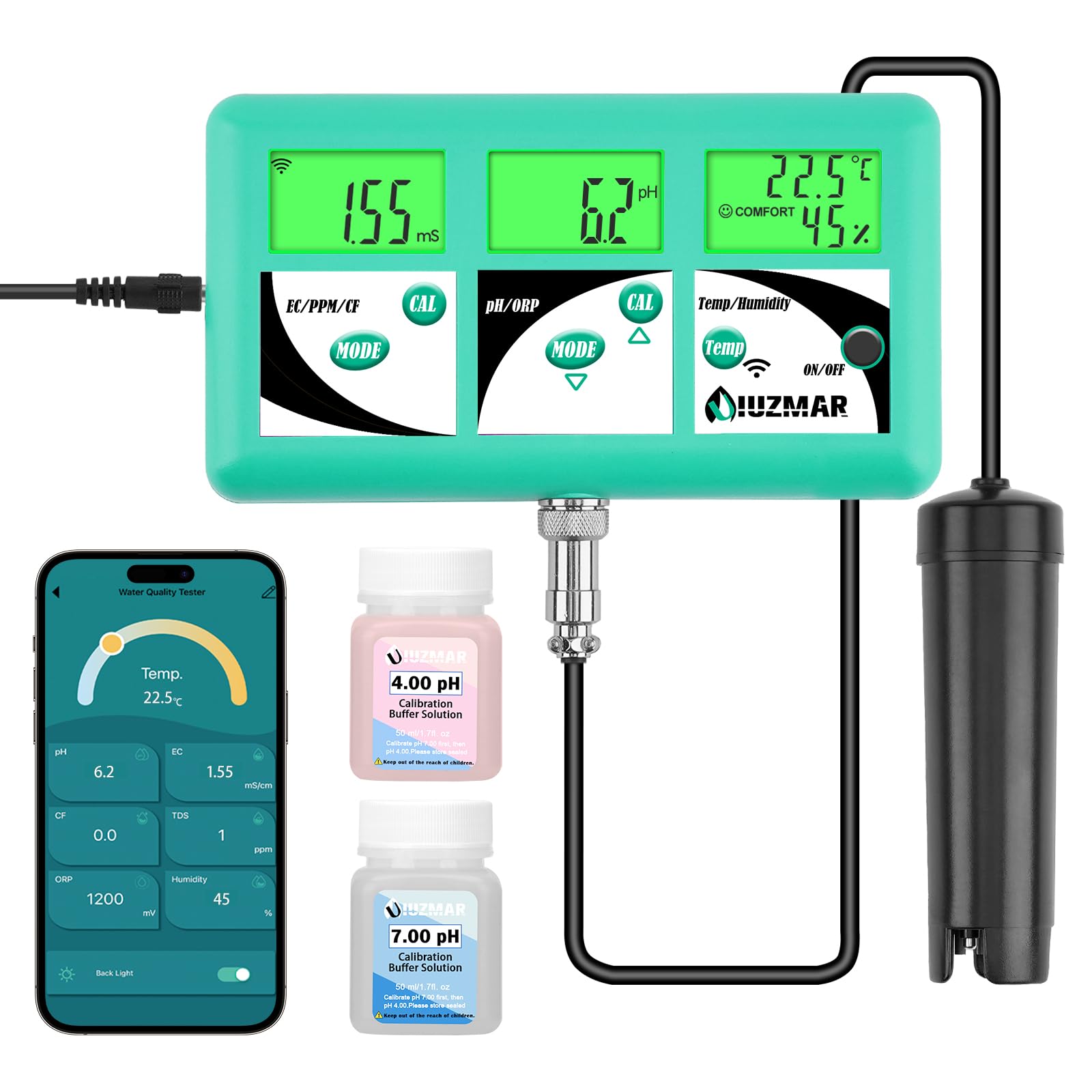 UIUZMAR 7 in 1 pH EC Messgerät Luftfeuchte Monitor für Hydrokultur