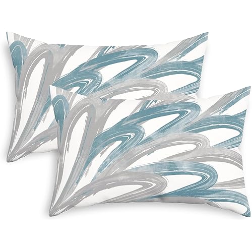 CaliTime Throw Pillow Cases Pack of 2 Cozy Fleece Two-Tone Abstract Feather Decorative Cushion Covers for Couch Bed Sofa Farmhouse Decoration 12 X 20 Inches Smoke Blue Grey