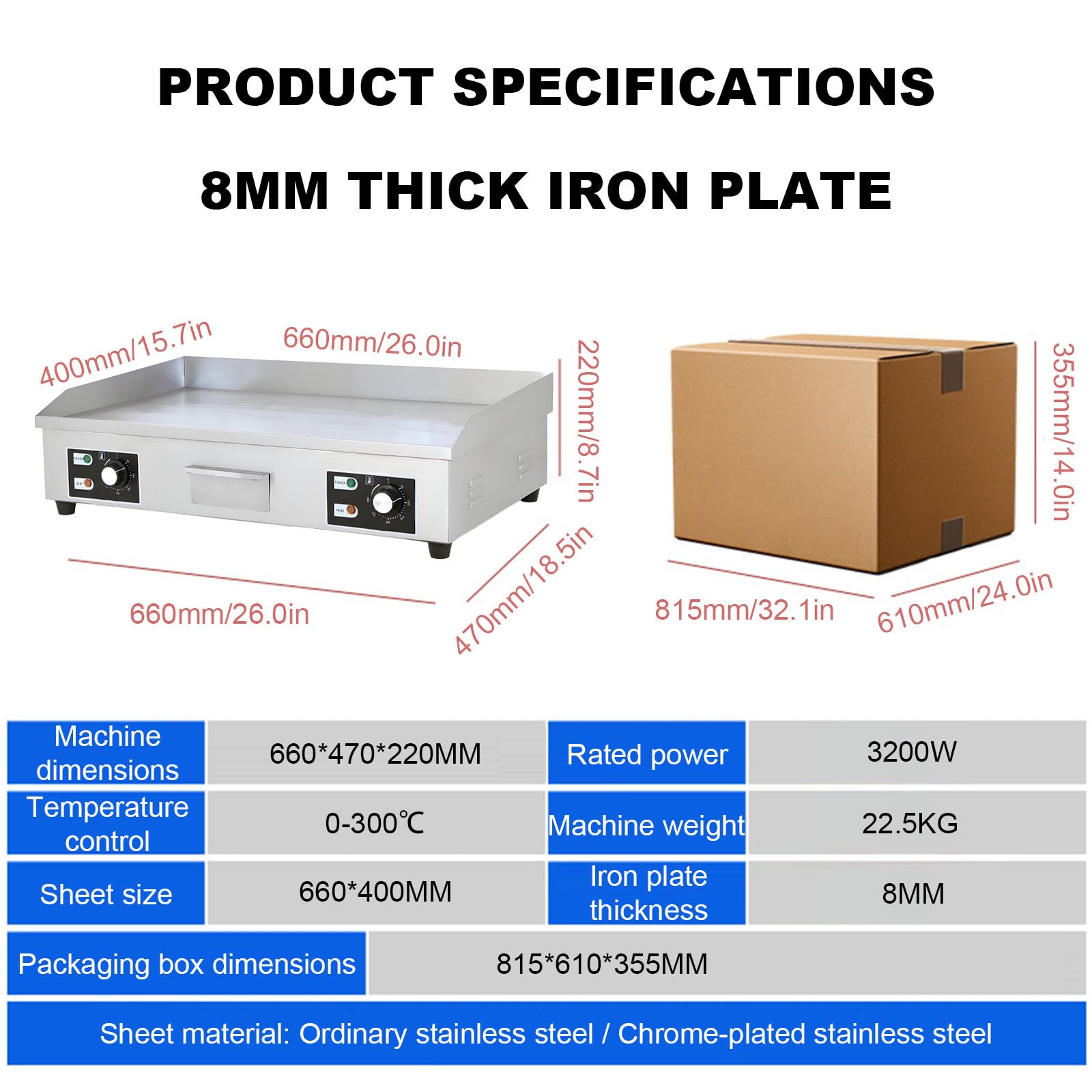 Piastra Elettrica Commerciale, Plancha Professionale 3000W in Acciaio Inox, Riscaldamento Uniforme, Temperatura di 0-300ºC, per Ristoranti Luoghi Pubblici 66 * 47 * 22CM