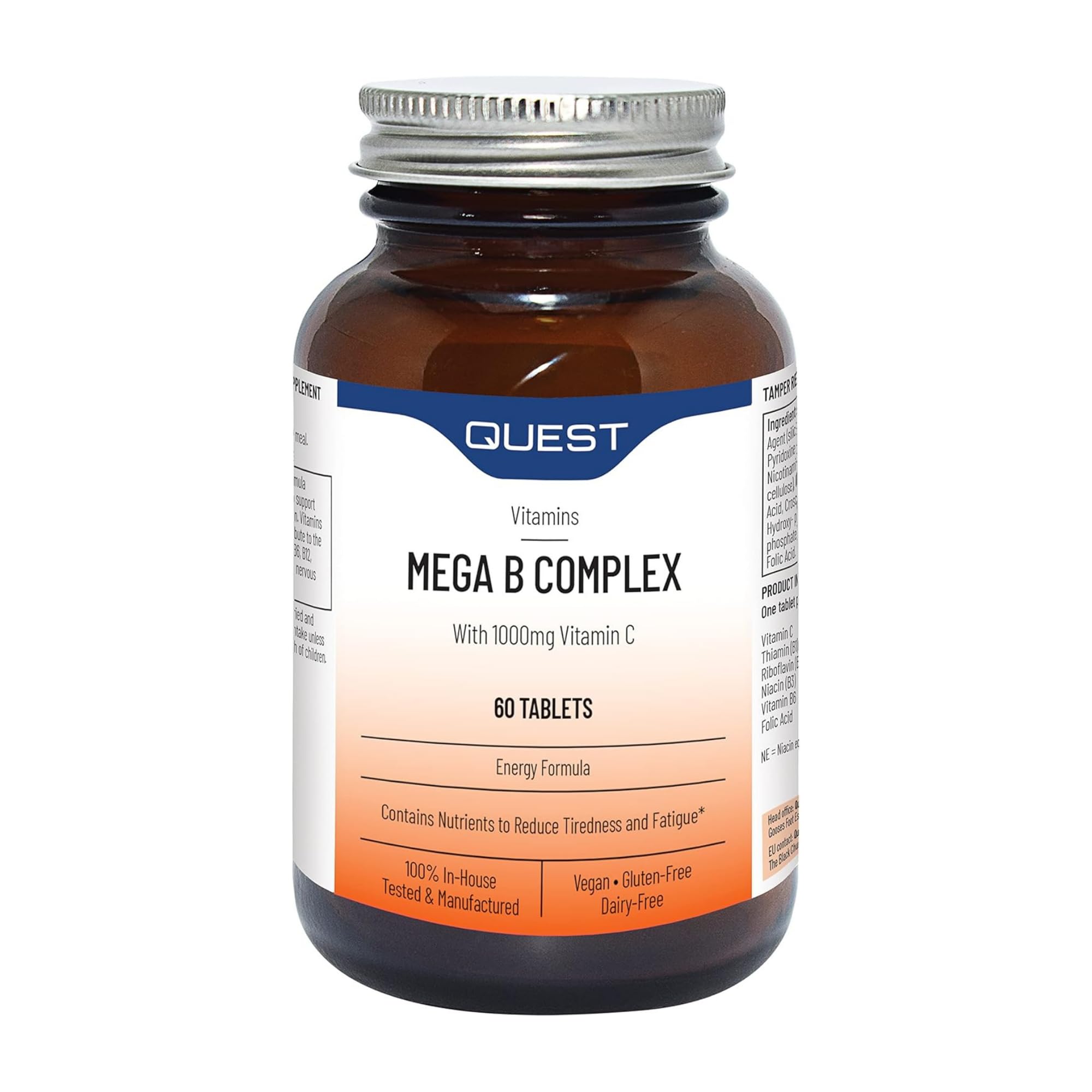 60x Mega Vitamin B Complex Tablets. High Strength Vitamin B1-B2-B3-B6-B12, Biotin & C Supports Energy Production, Stress Response, Immune System & Brain Function (1 Pack)