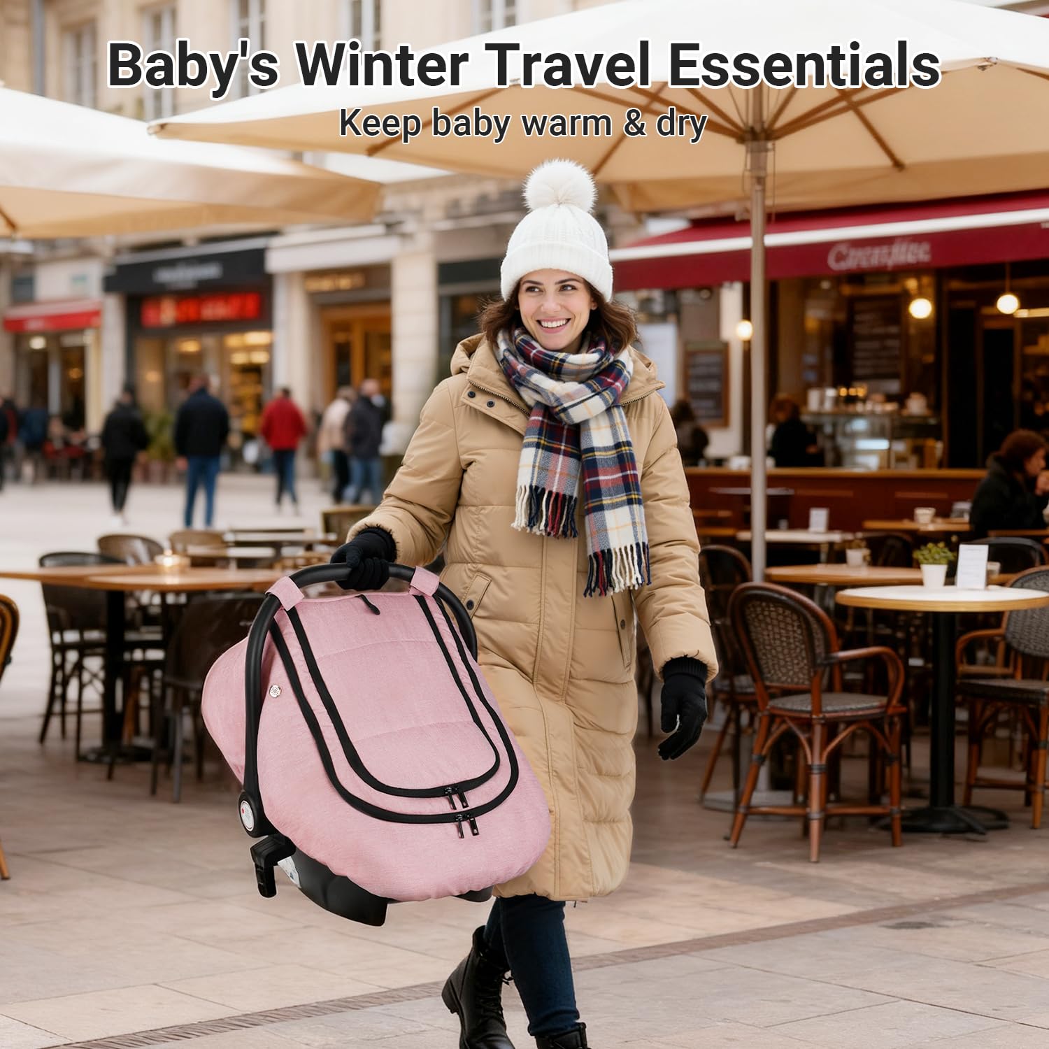 Rquite Car Seat Cover Baby, Winter Carseat Covers Boy Girl, Waterproof Infant Car Seat Cover Warm Car Seat Canopy for Cold Weather, Windproof Baby Carrier/Stroller Cover with 2 Layers Windows, Pink - Image 8
