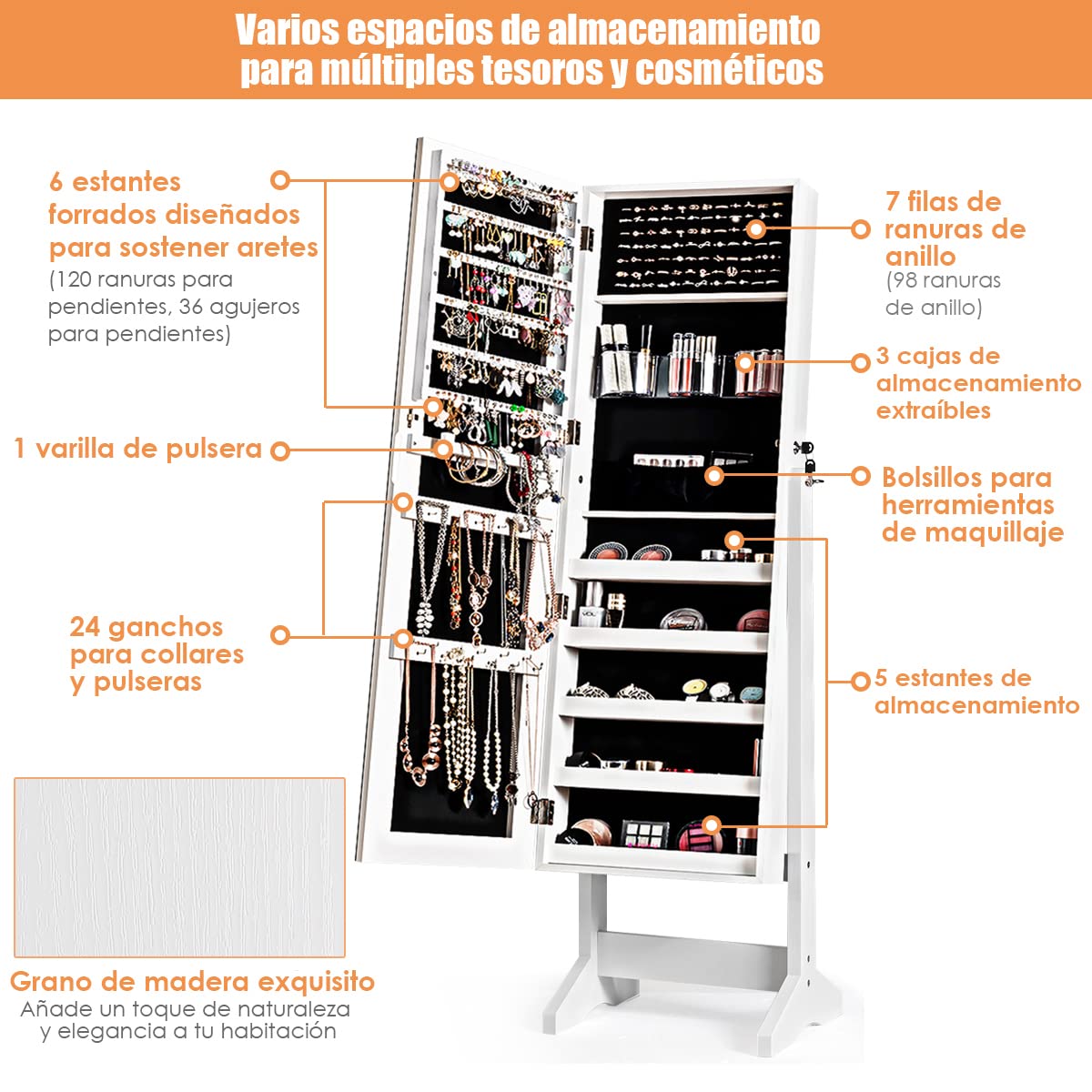 COSTWAY Armario para Joyas con Espejo de Cuerpo Entero, Armario Vertical Joyero con 120 Espacios, Espejo 2 en 1 (blanco)