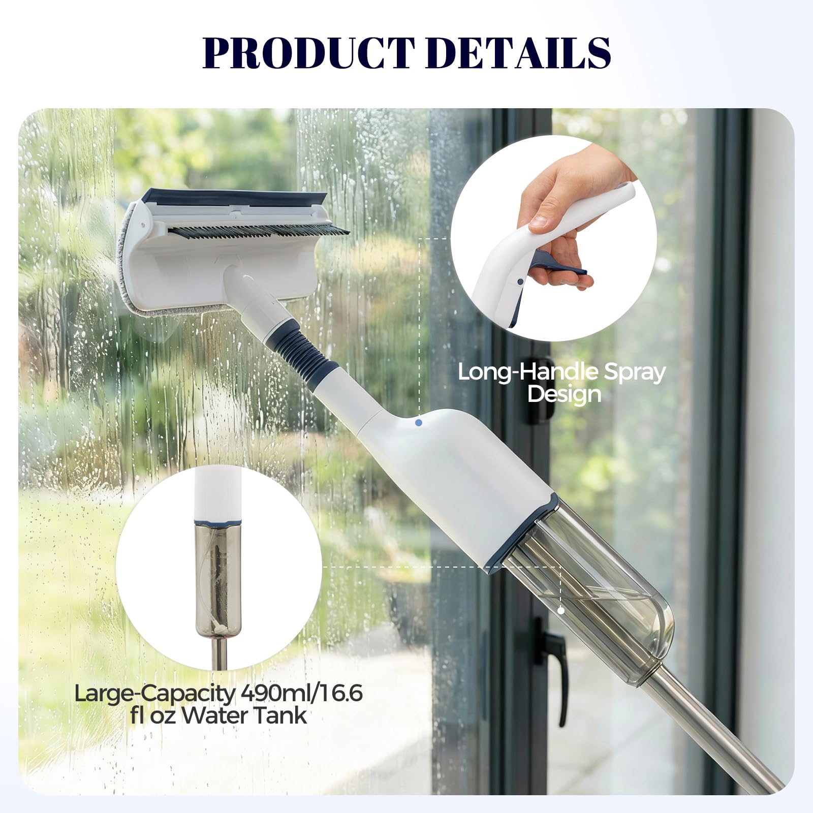 Lavavetri e lavapavimenti a spruzzo tutto in uno, con manico lungo 127 cm, per la pulizia delle finestre, lavavetri professionale con spruzzatore per la pulizia di vetri e finestre